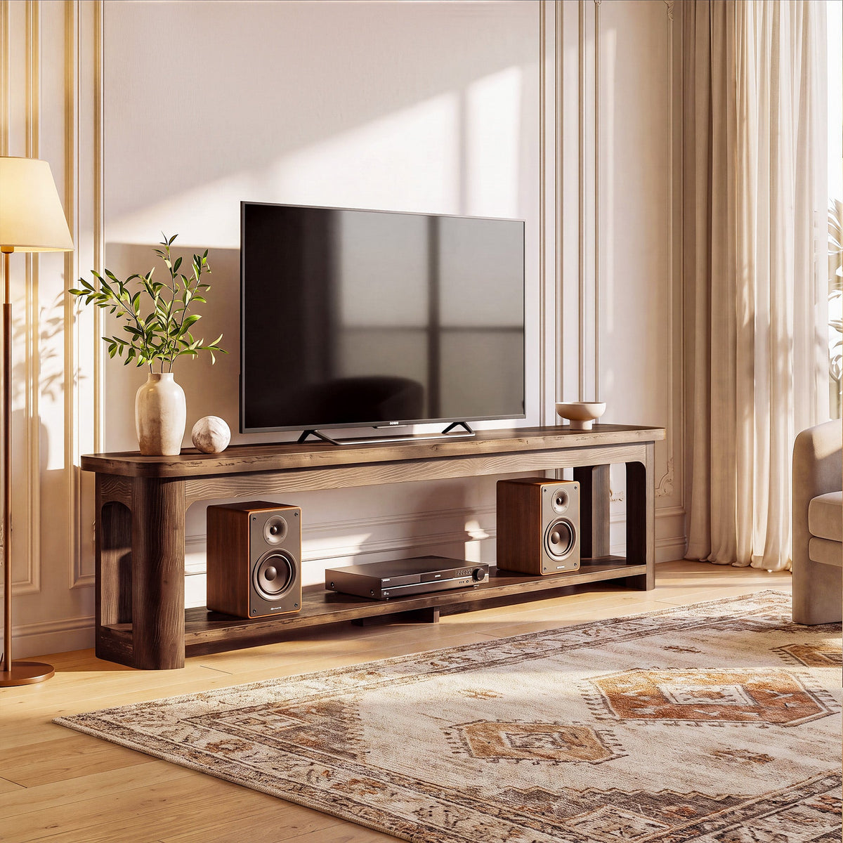 71 Inch Solid Wood TV Stand with Open Storage Shelf, Farmhouse Media Console for Living Room