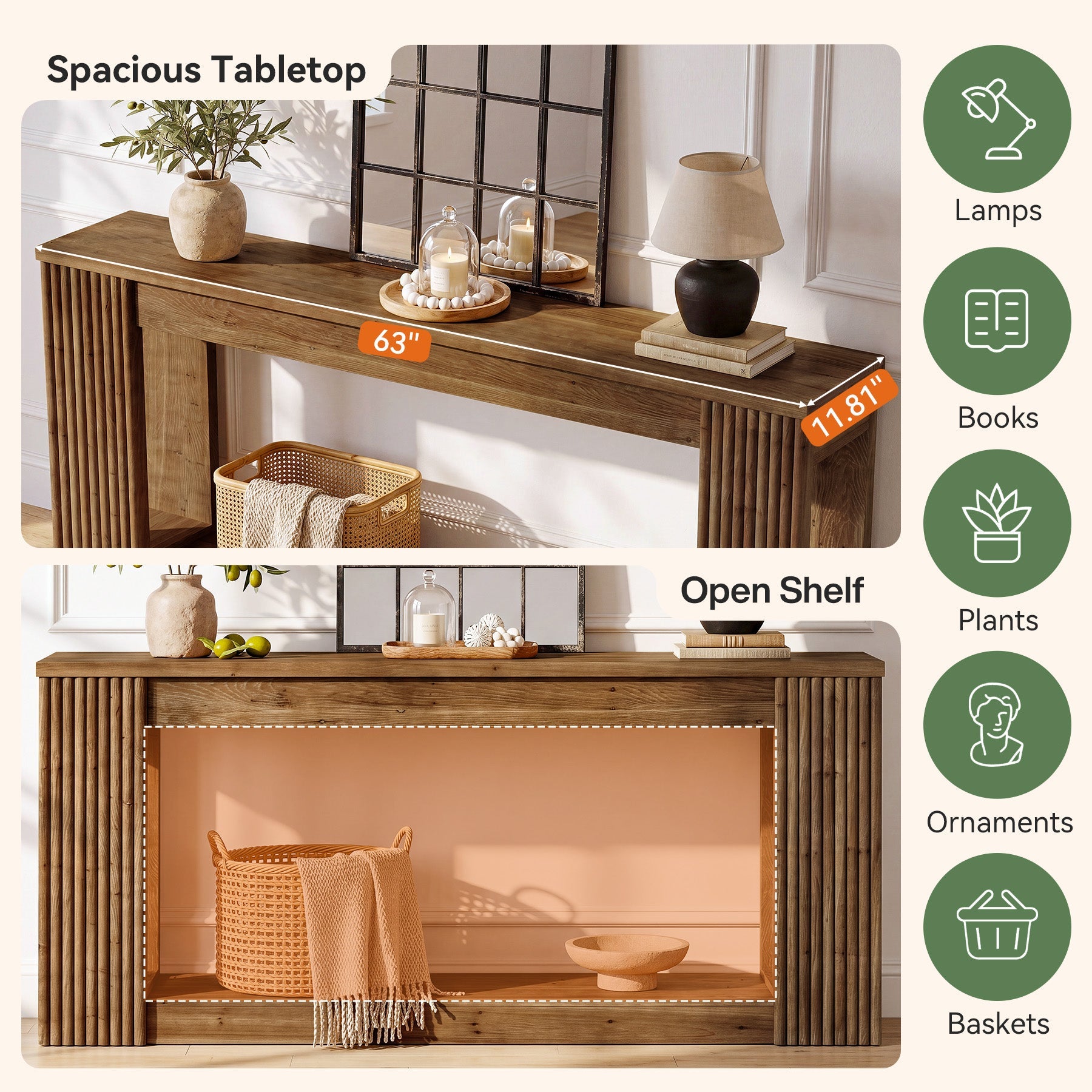 63" Solid Wood Console Table with Storage Shelf, Farmhouse Entryway Table with Fluted Legs