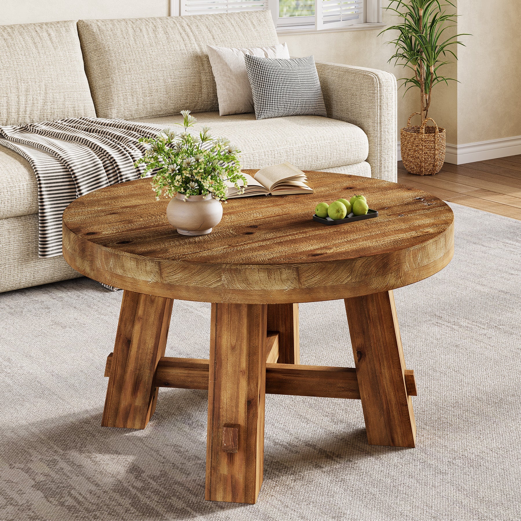 Solid Wood Coffee Table, 31.5" Round Center Table with Thickened Tabletop
