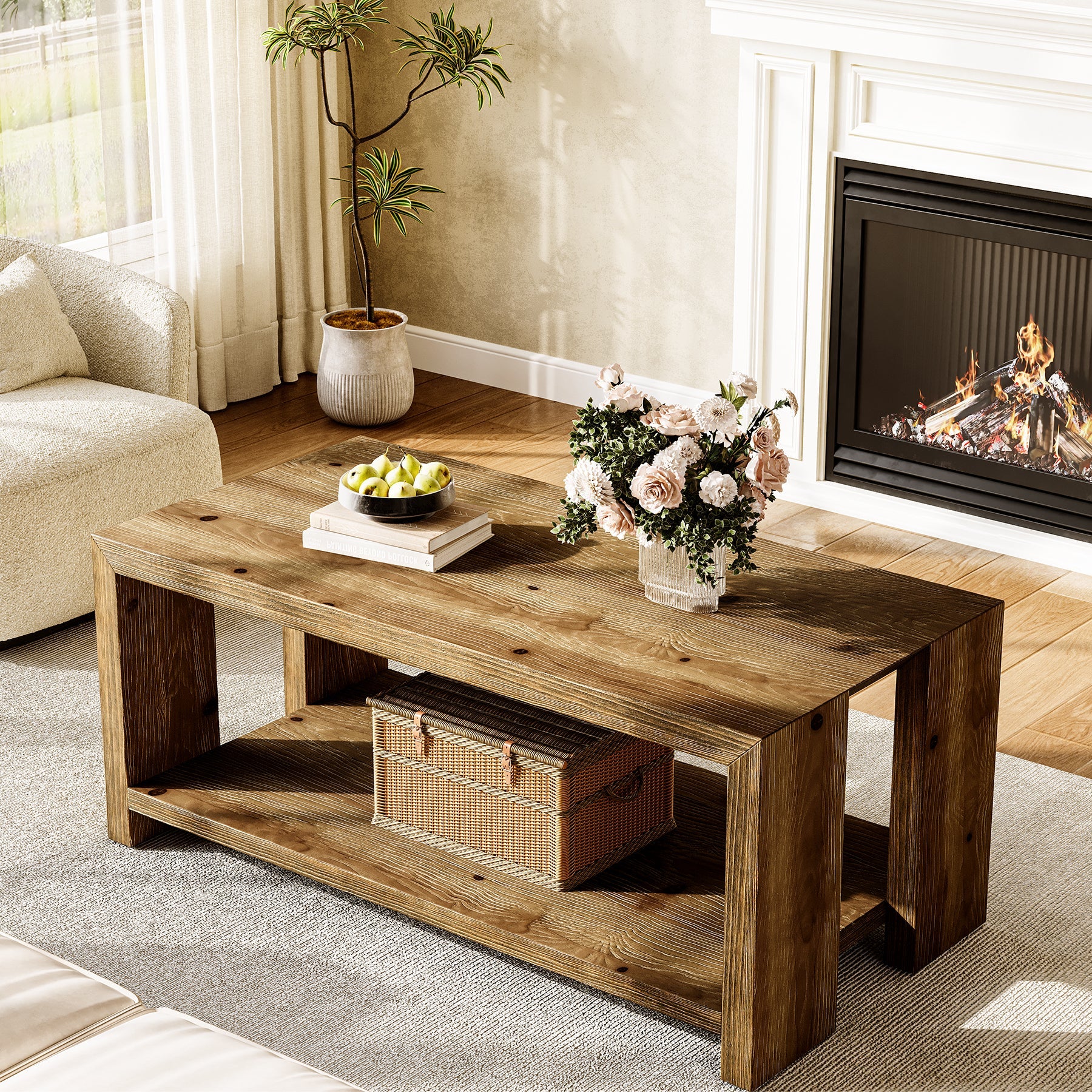Solid Wood Coffee Table, 47.24" Accent Center Tea Table with Storage
