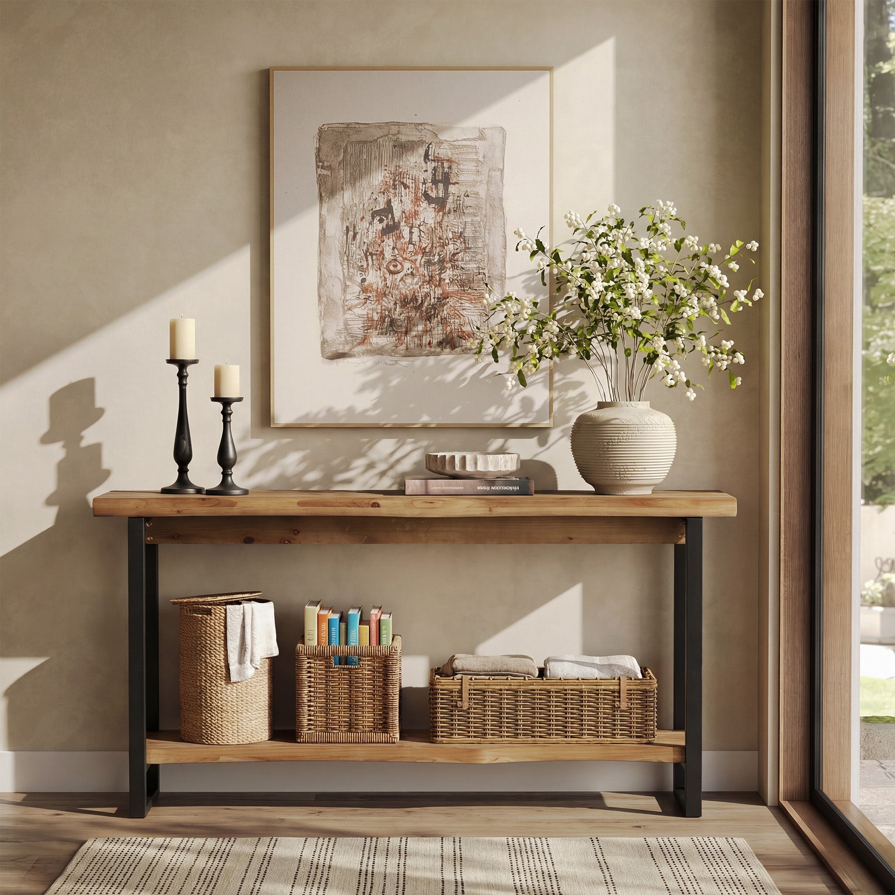 63" Solid Wood Live-Edge Console Table with Metal Legs – Narrow Farmhouse Sofa Table
