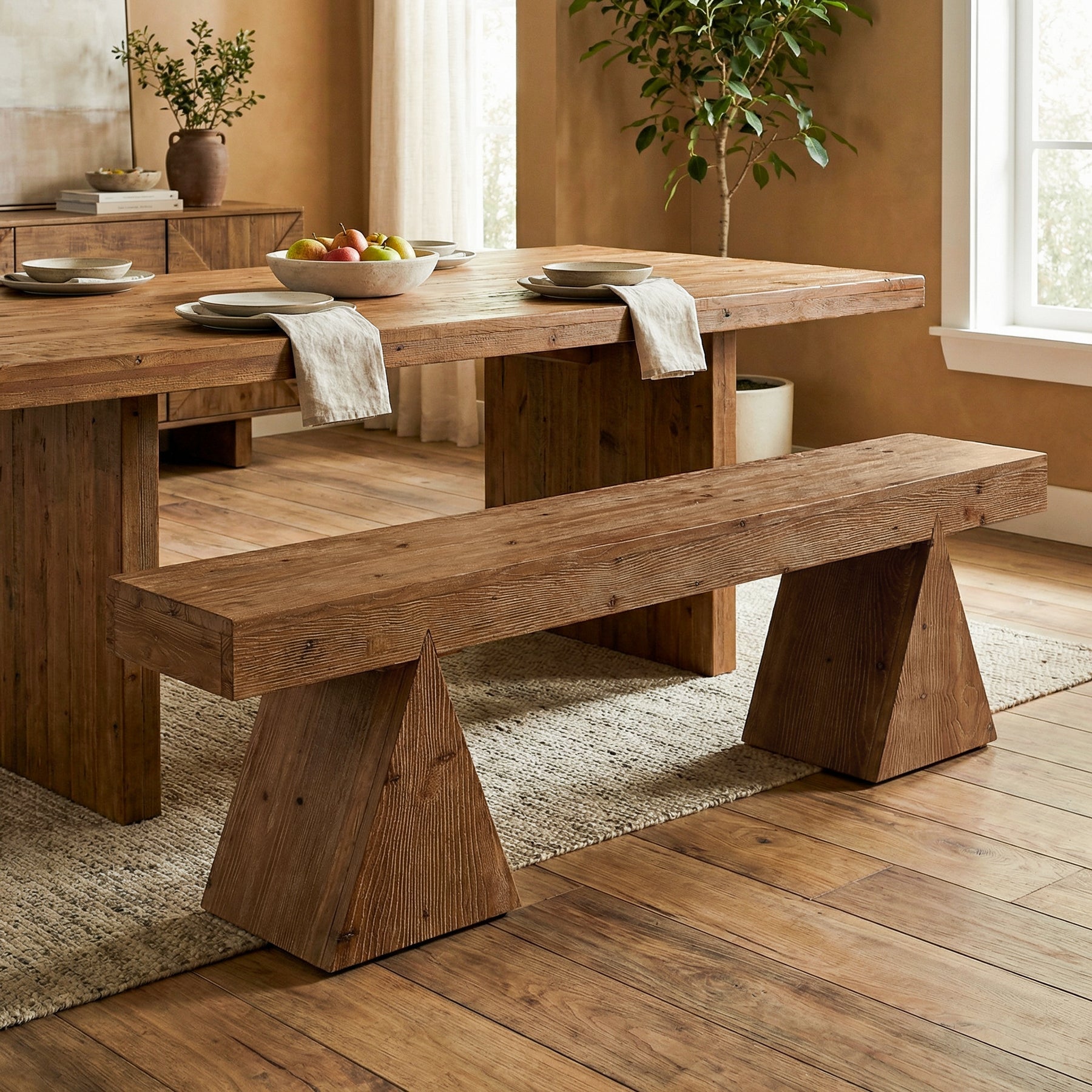Solid Wood Dining Bench, 63" Entryway Benches with Triangle Base