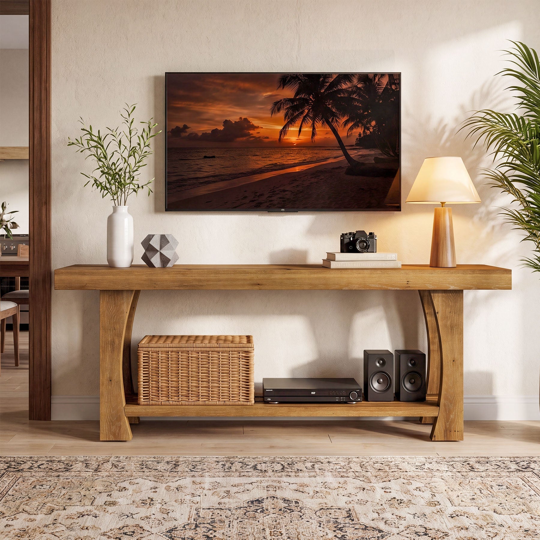 Solid Wood TV Stand, Farmhouse Media Console Table with 2-Tier Open Shelves