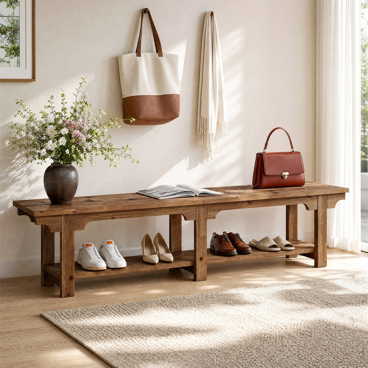 71" Entryway Bench, Farmhouse Solid Wood 2-Tier Shoe Storage Bench for Hallway