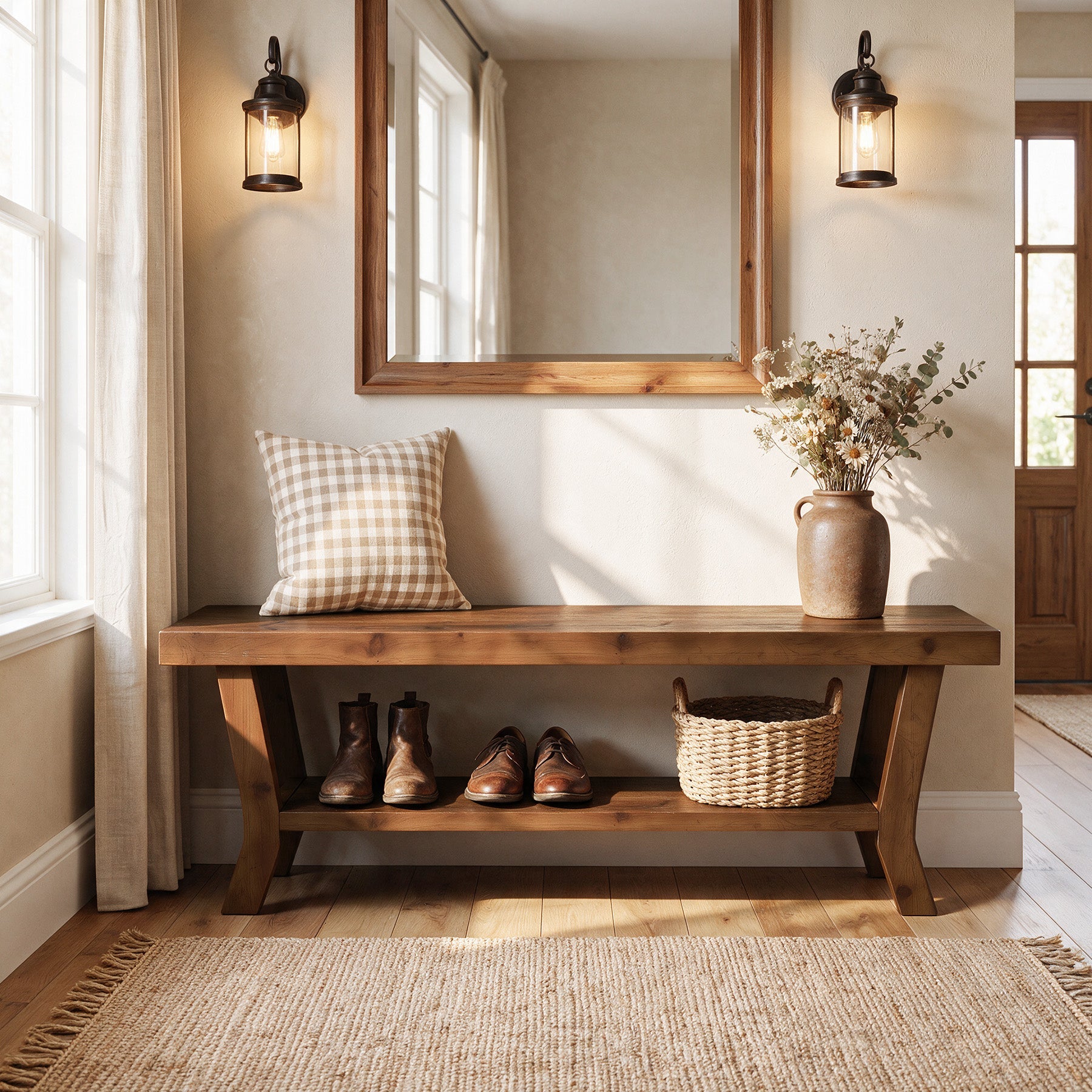55-Inch Solid Wood Entryway Bench with Lower Shoe Shelf, Farmhouse Seat for Hallway