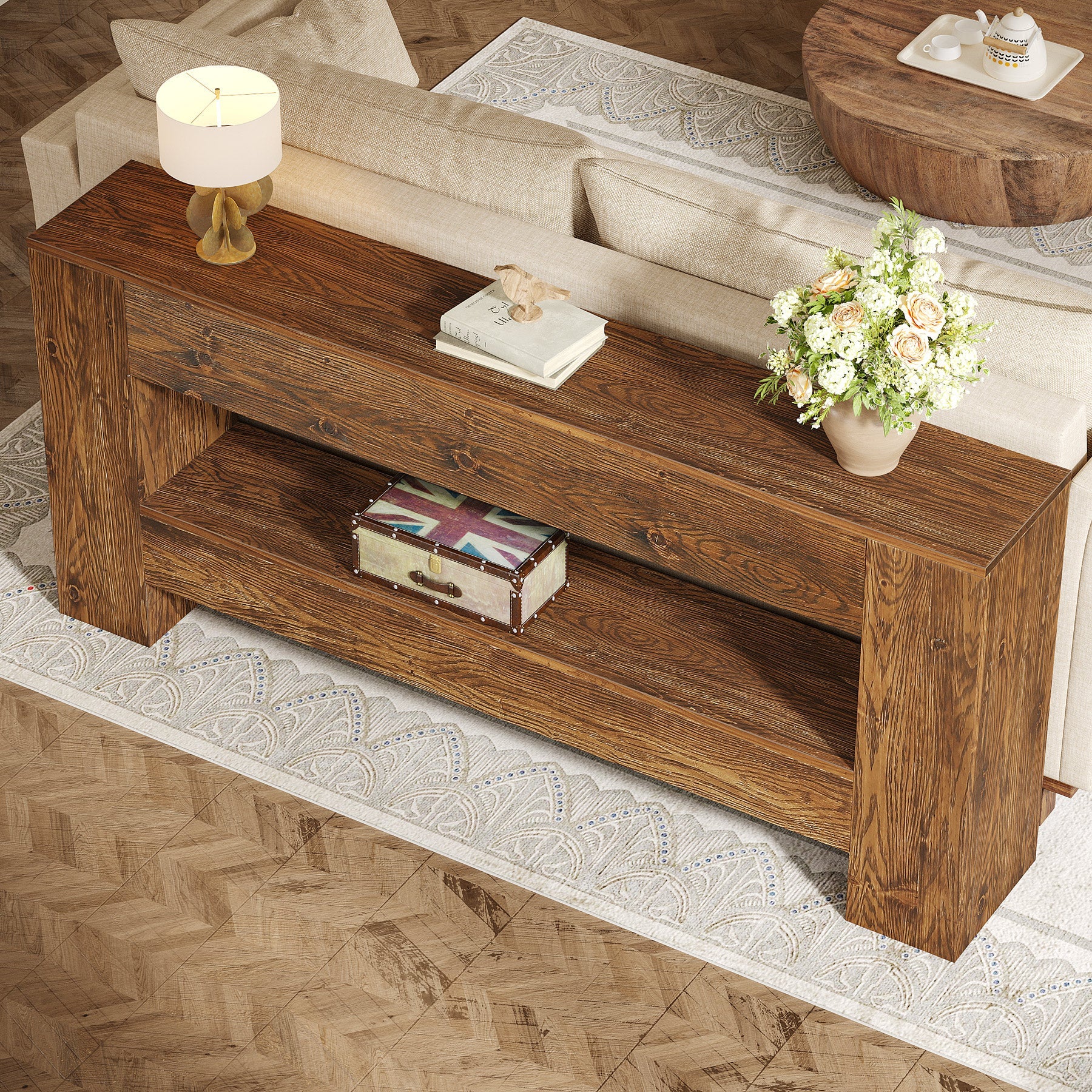 Solid Wood Console Table, 63" Farmhouse Entryway Table with 2-Tier Storage Shelf