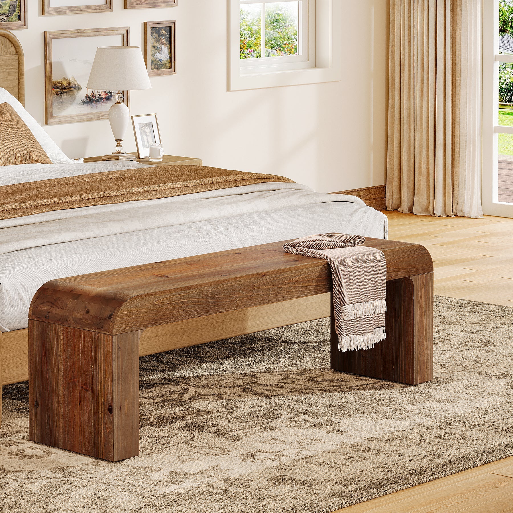 55" Modern Dining Bench, Solid Wood Entryway Bench with Thick Block Seat