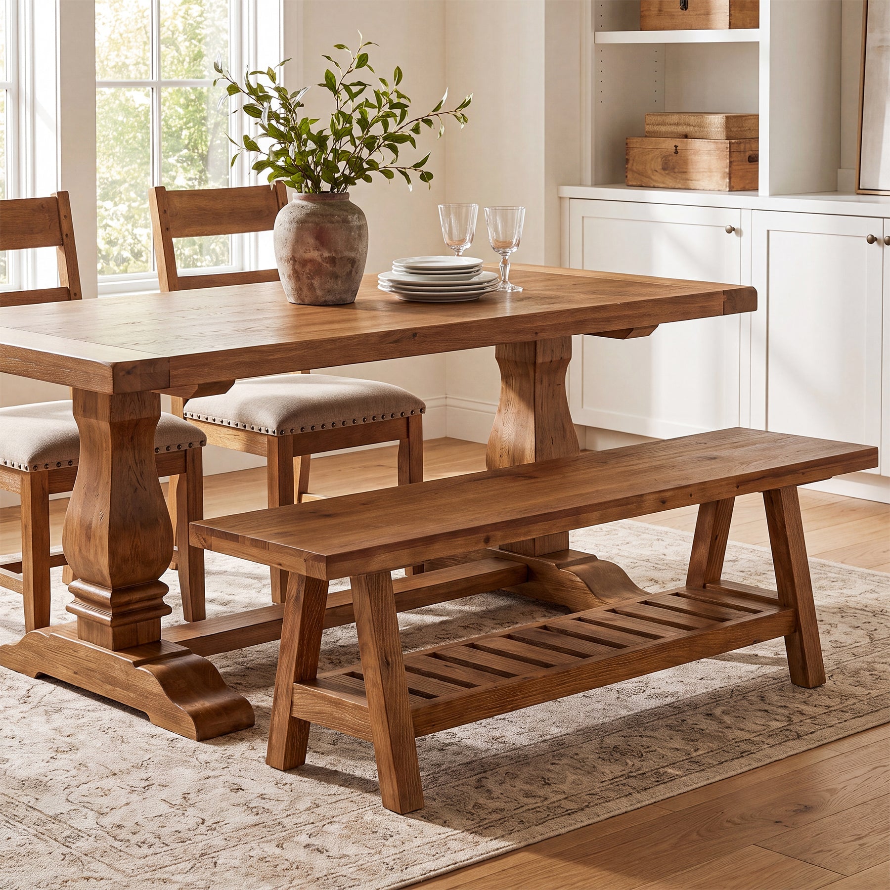 55" Solid Wood Dining Bench, Long 2-Tier Indoor Seating for Dining Room