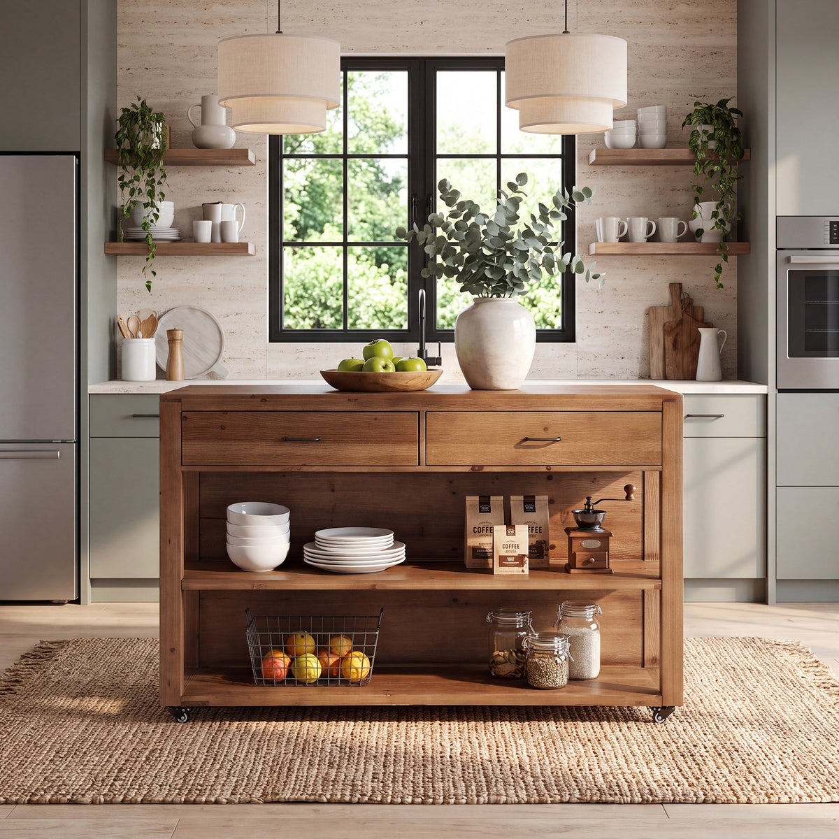 55" Rolling Kitchen Island, Solid Wood with 4 Drawers, Seating Space & Lockable Casters