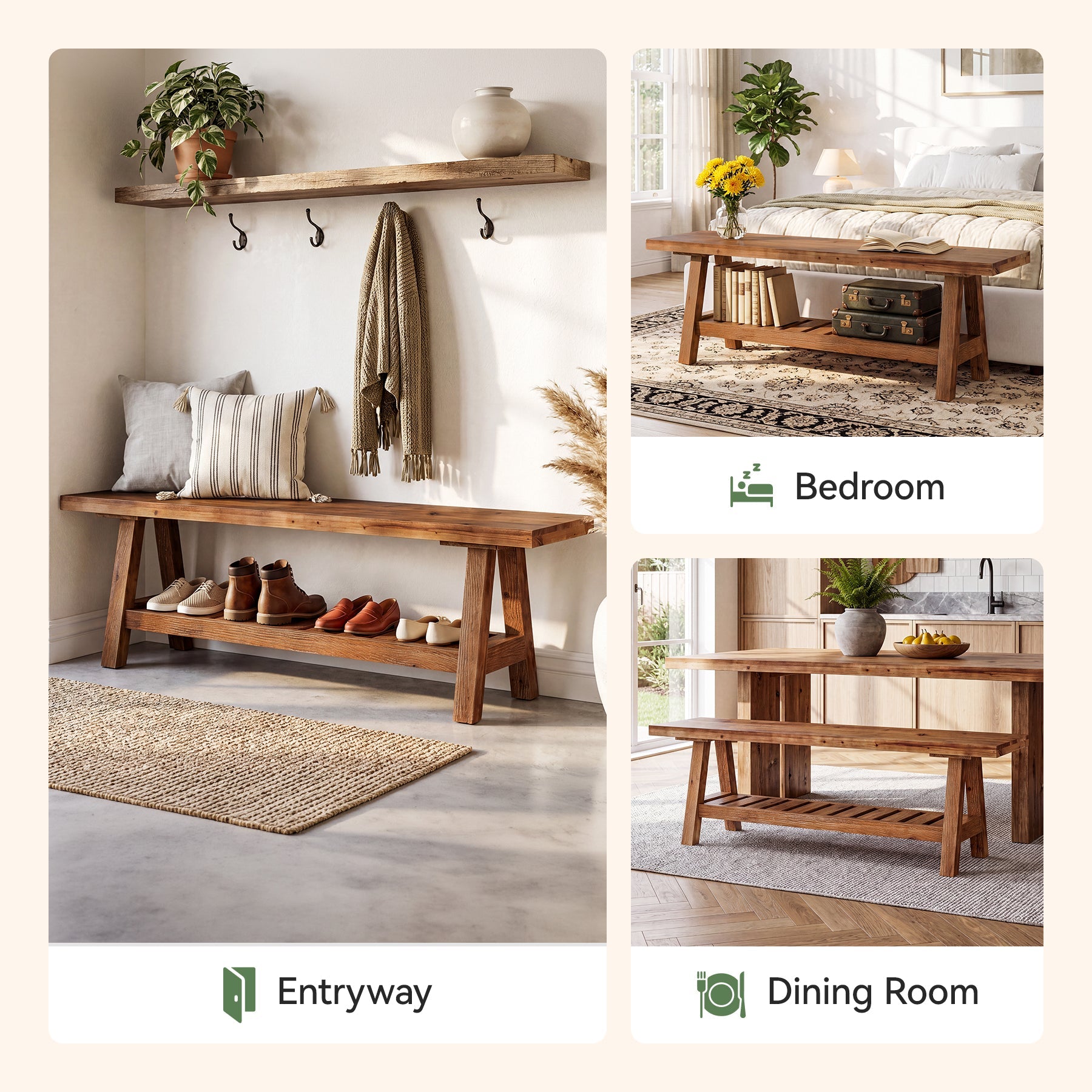 55" Entryway Bench, Solid Wood Shoe Bench End of Bed Seating with Storage Shelf