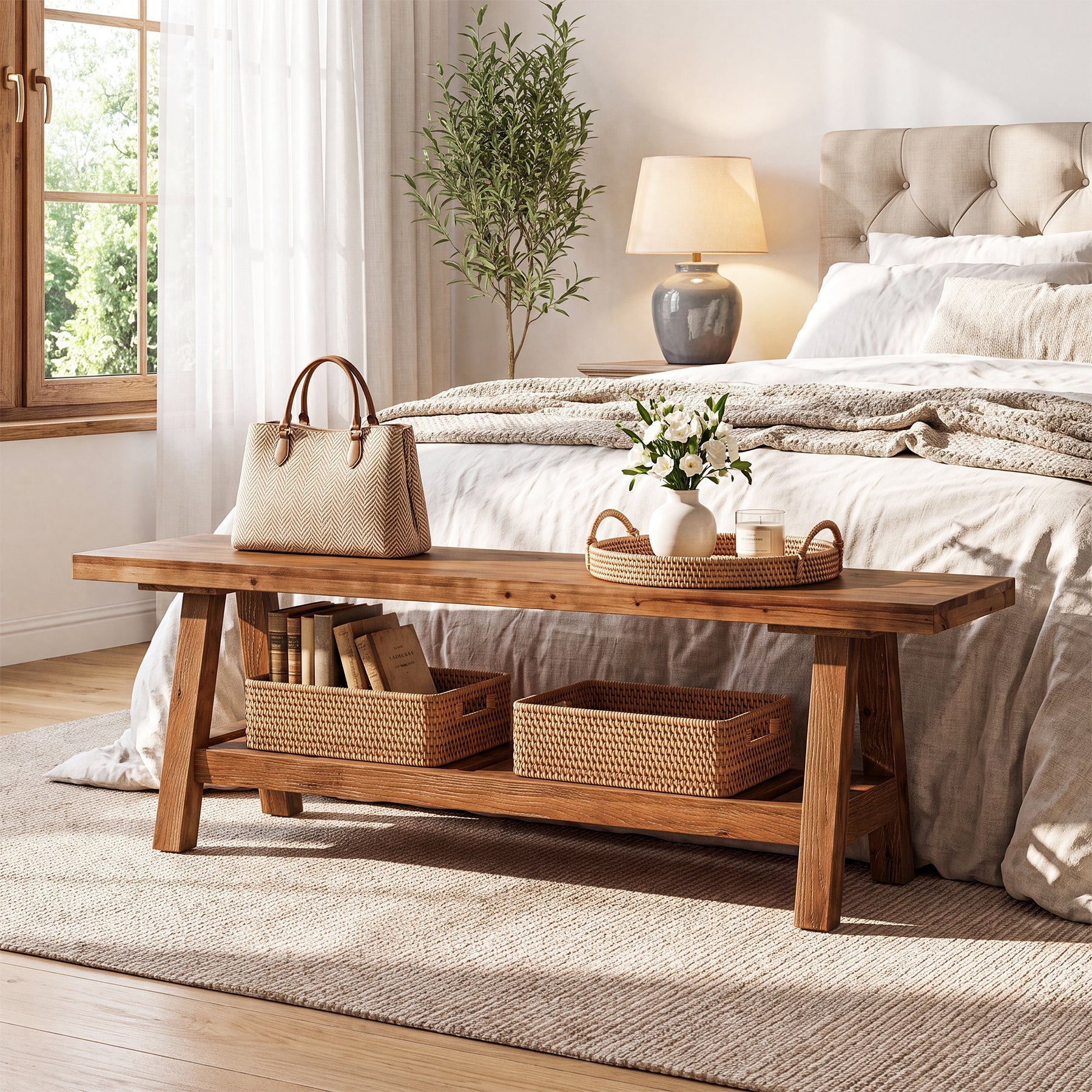 55" Entryway Bench, Solid Wood Shoe Bench End of Bed Seating with Storage Shelf