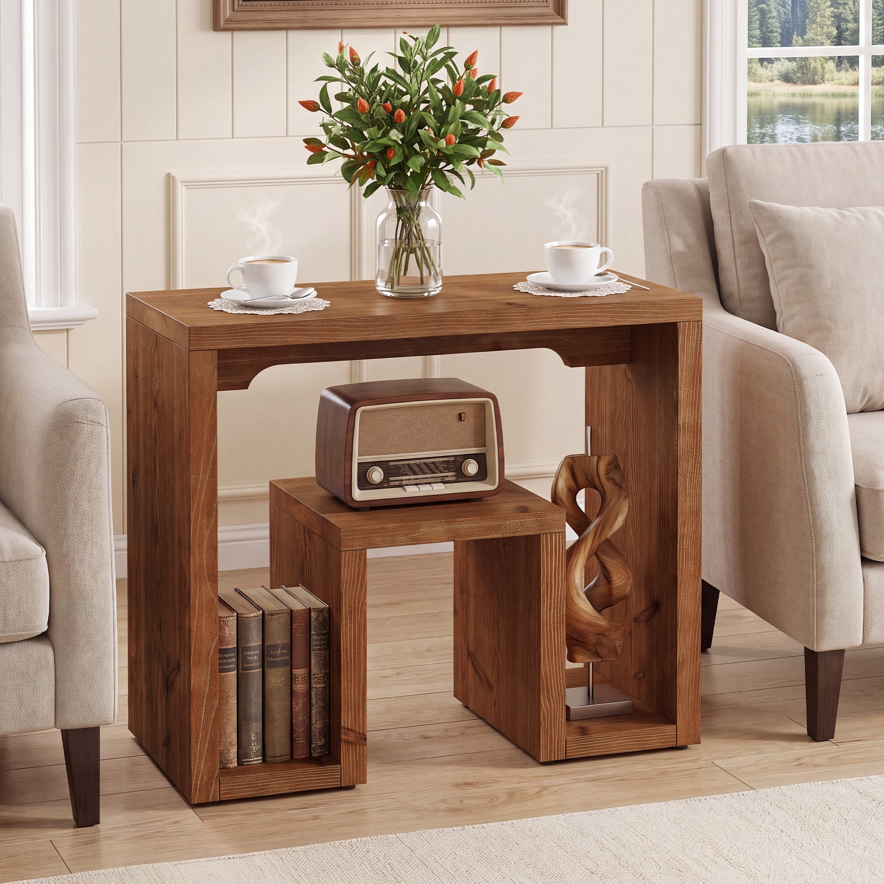 Solid Fir Wood End Table, U-Shaped Farmhouse Side Table Accent Table for Living Room