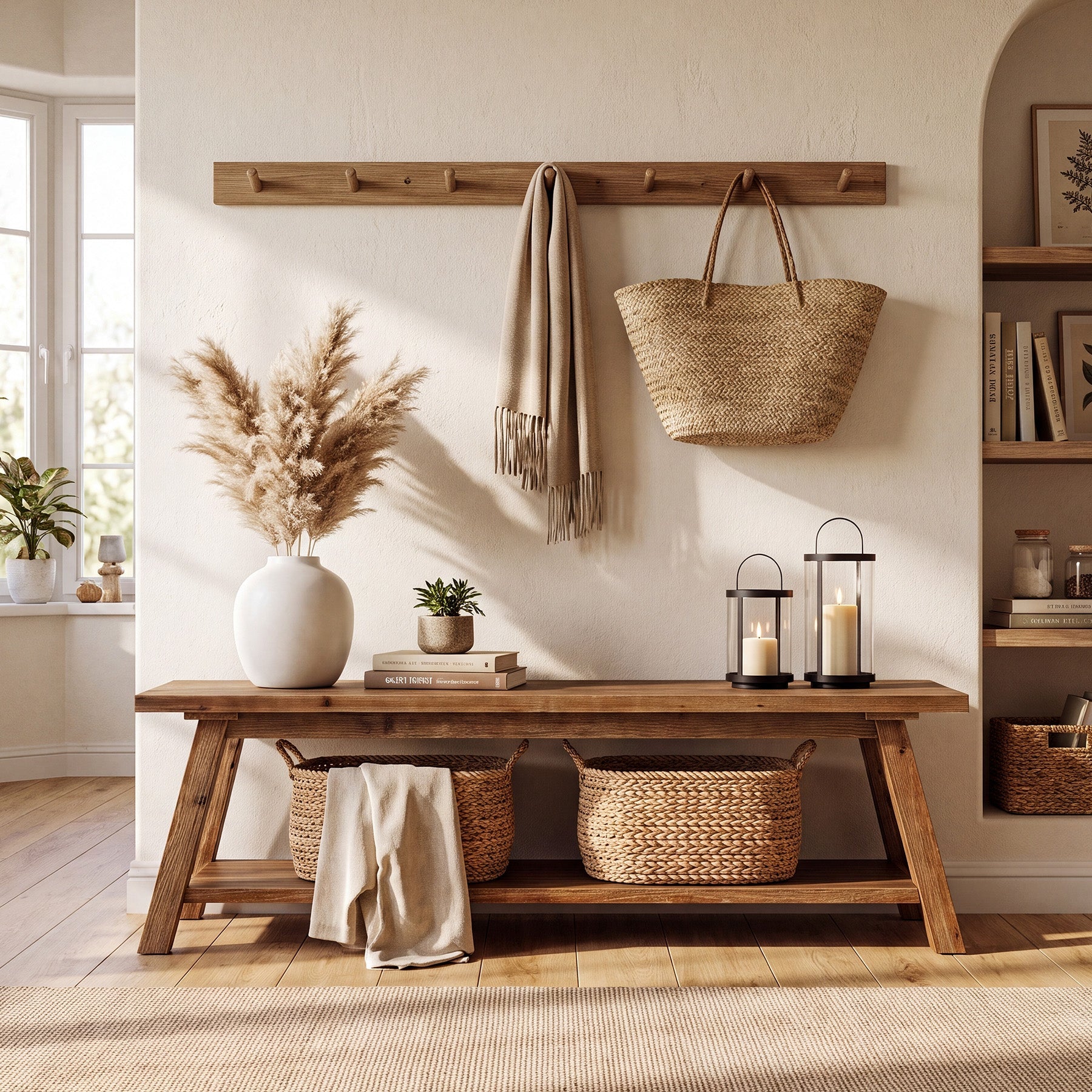 55" Solid Wood Entryway Bench, Farmhouse Shoe Seating with Storage
