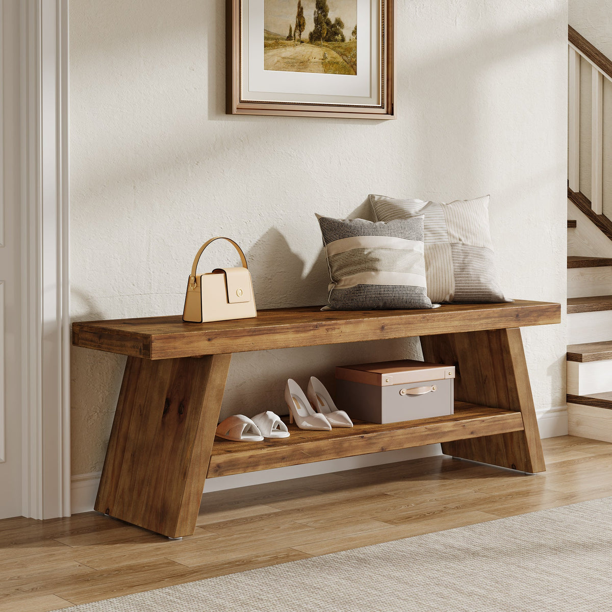 2 - Tier Entryway Bench, Solid Wood Shoe Bench with Open Shelves Tribesigns