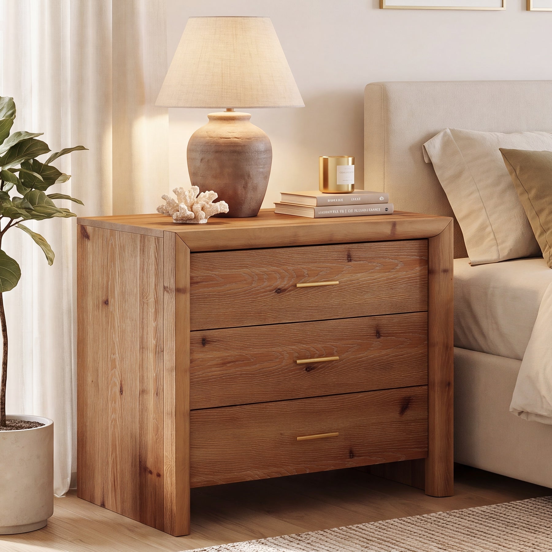 Solid Wood Nightstand with 3 Drawers, 31.5" Oversized Bedside Table for Bedroom