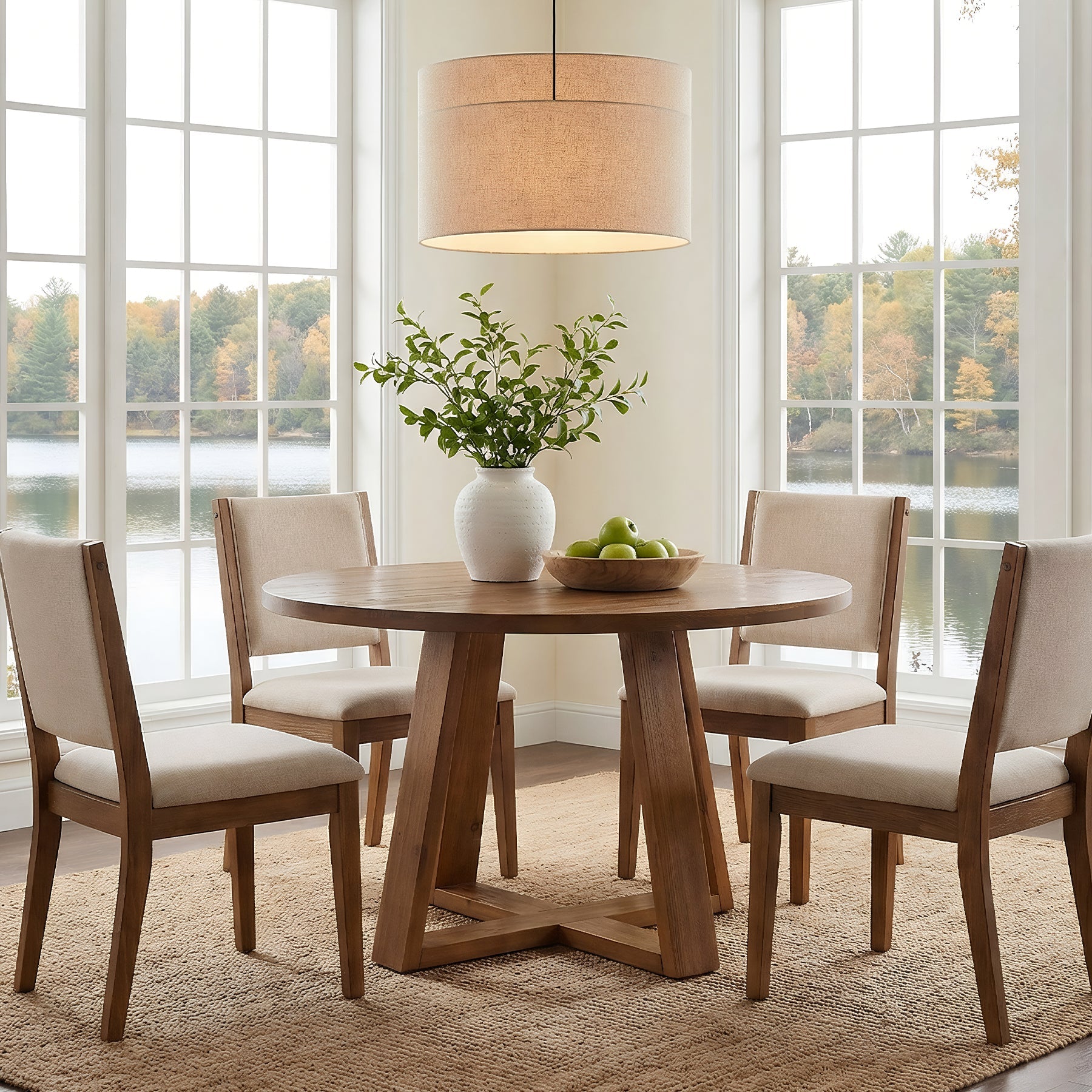 47.2" Round Dining Table, Farmhouse Solid Wood Kitchen Table with Trestle Base for 4