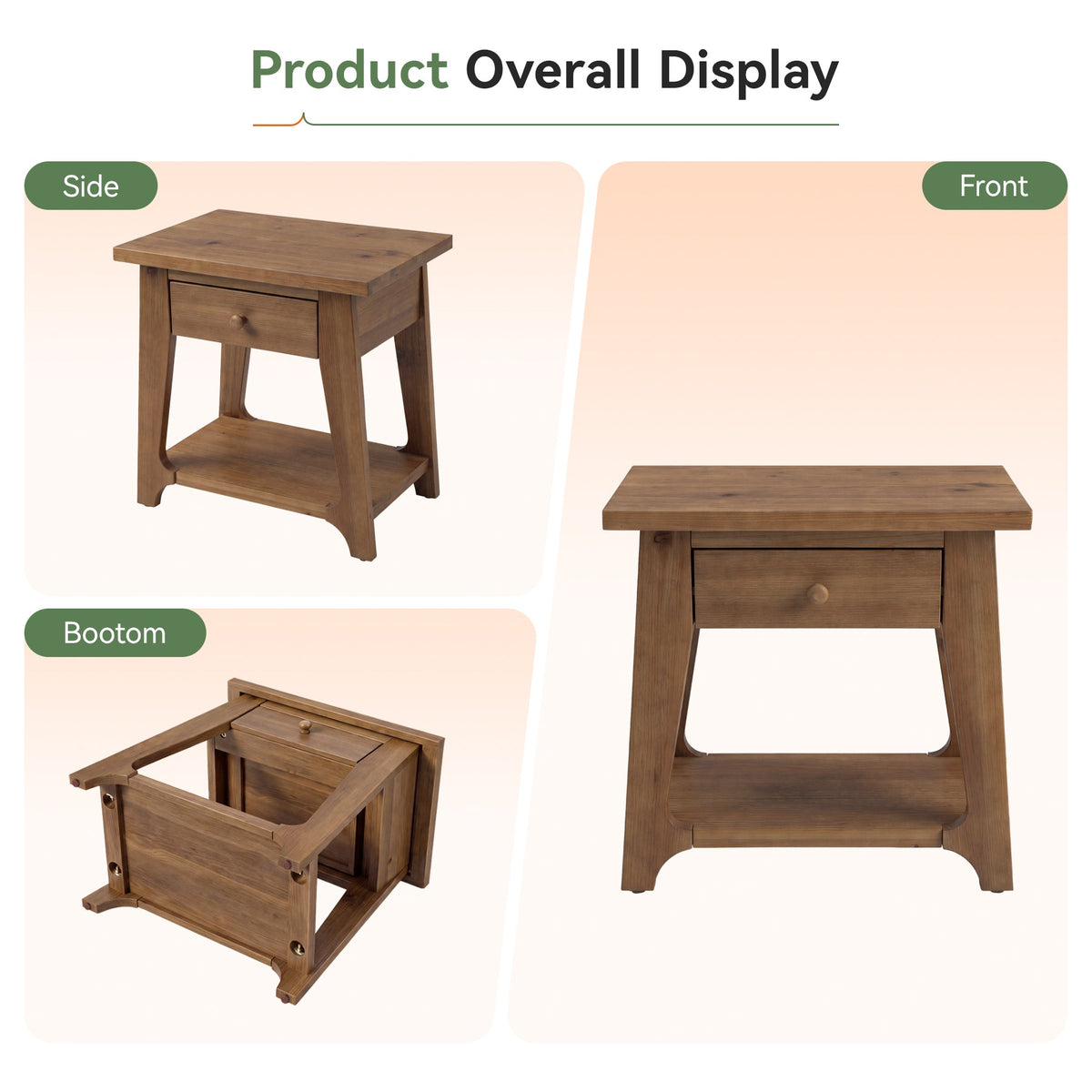 Solid Wood Nightstand, Farmhouse Bedside Table with Drawer & Open Shelf