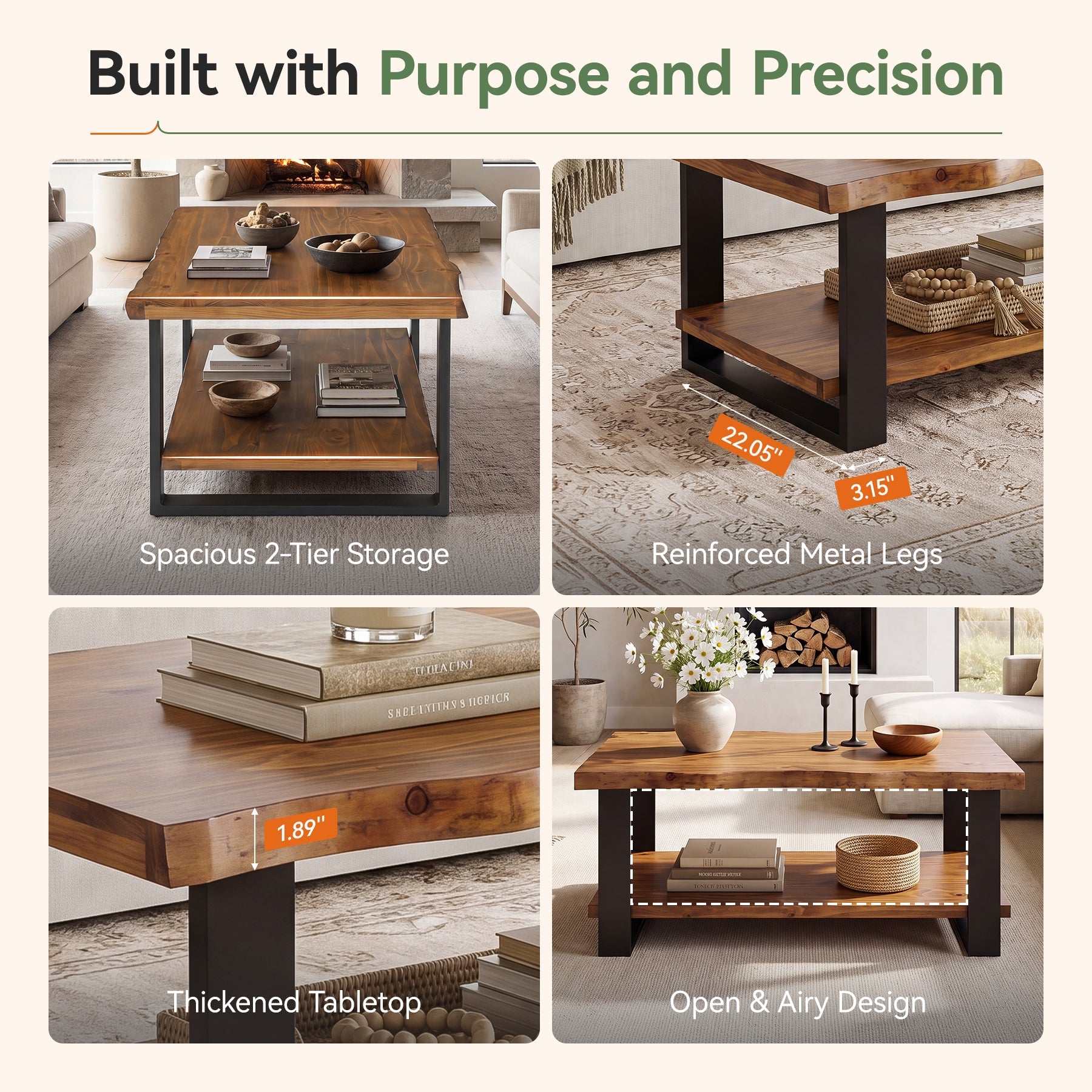 47" Solid Wood Coffee Table, 2-Tier Vintage Center Table for Living Room