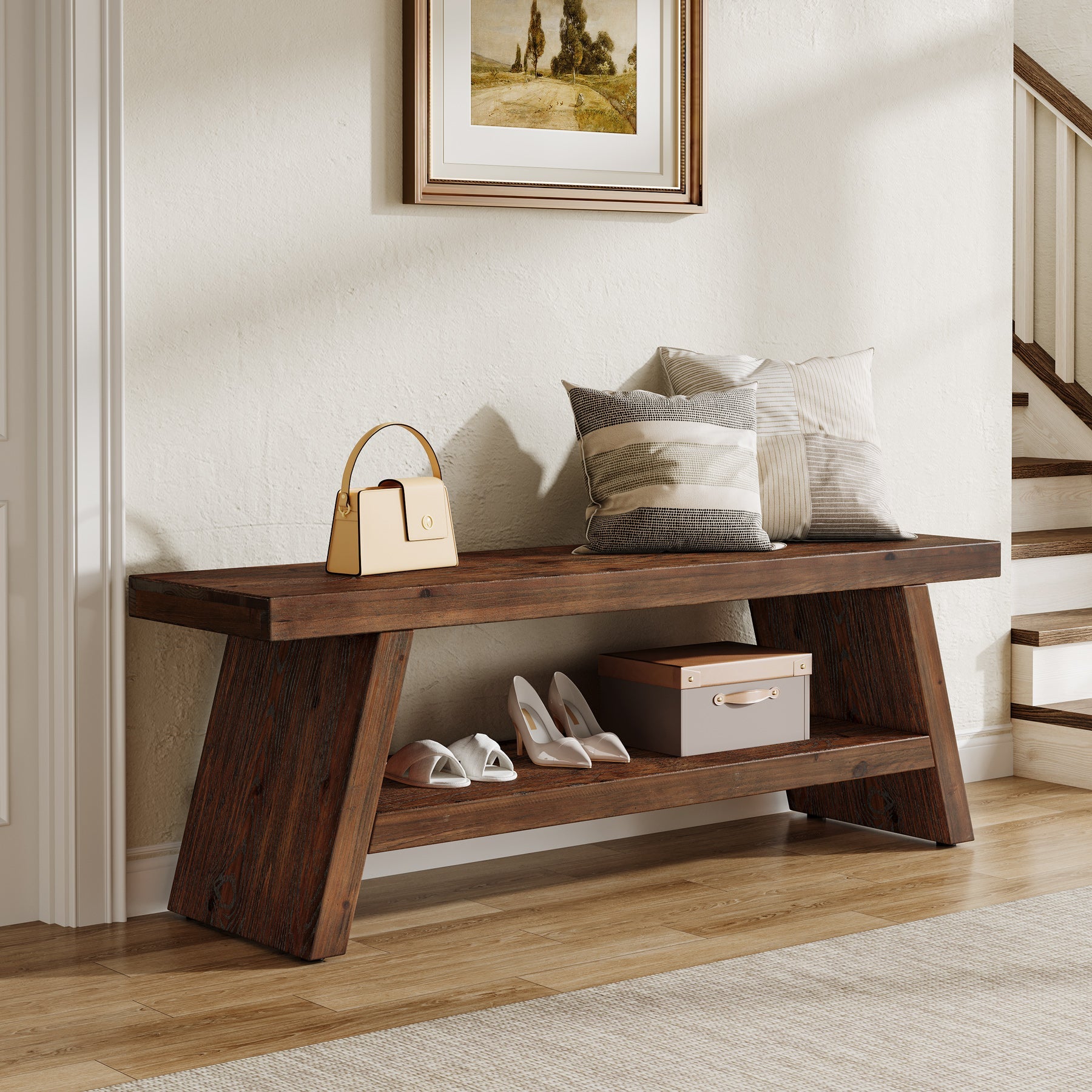 2-Tier Solid Wood Entryway Bench with Open Storage, Wooden Shoe Bench for Hallway & Foyer