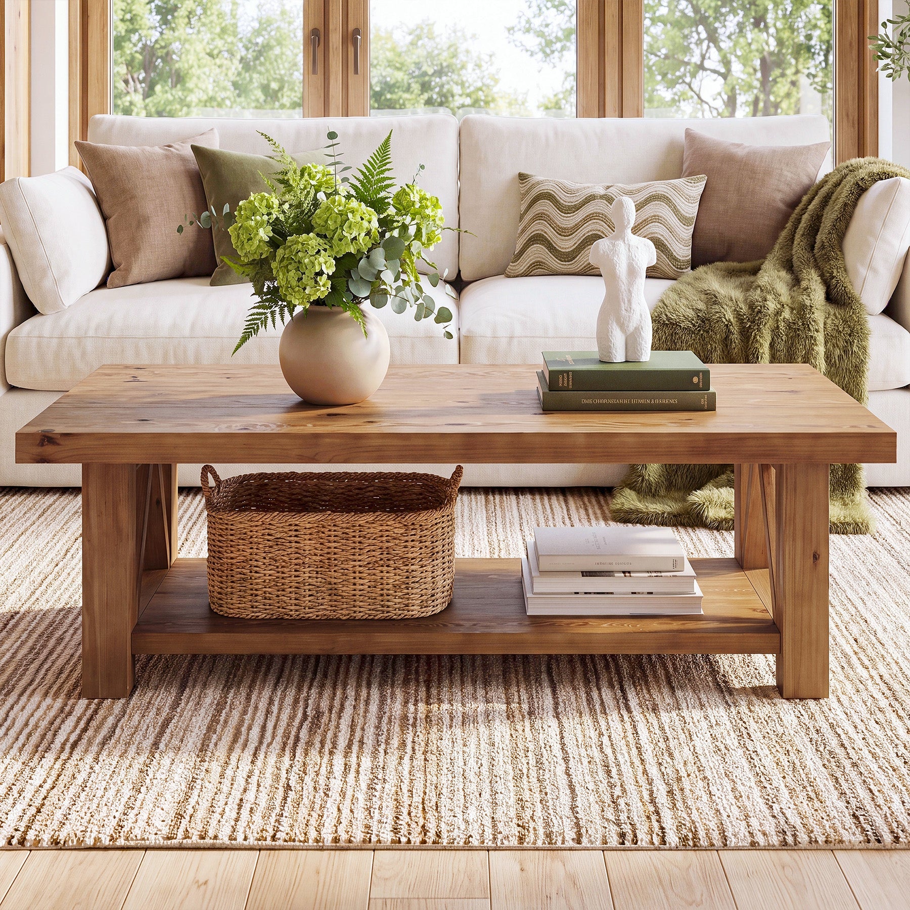 55" Rectangular Coffee Table, 2-Tier Solid Wood Center Table for Living Room