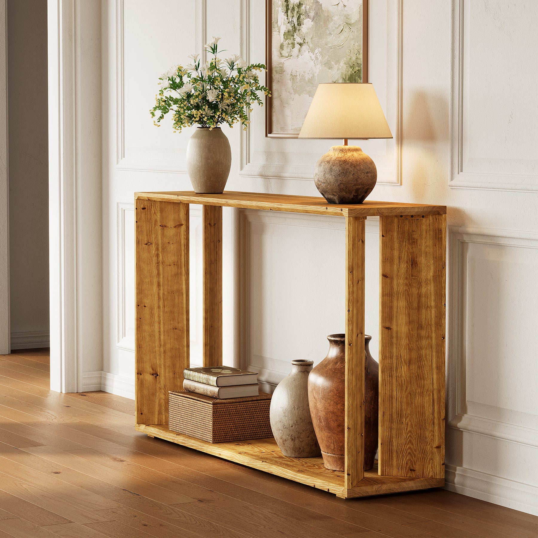 2-Tier Solid Wood Console Table, 55" Farmhouse Entryway Table for Foyer