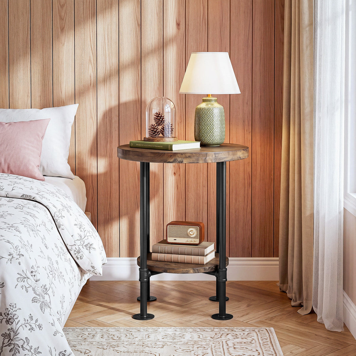 Round End Table, 2-Tier Side Table with Solid Wood Top & Metal Pipe Legs for Living Room