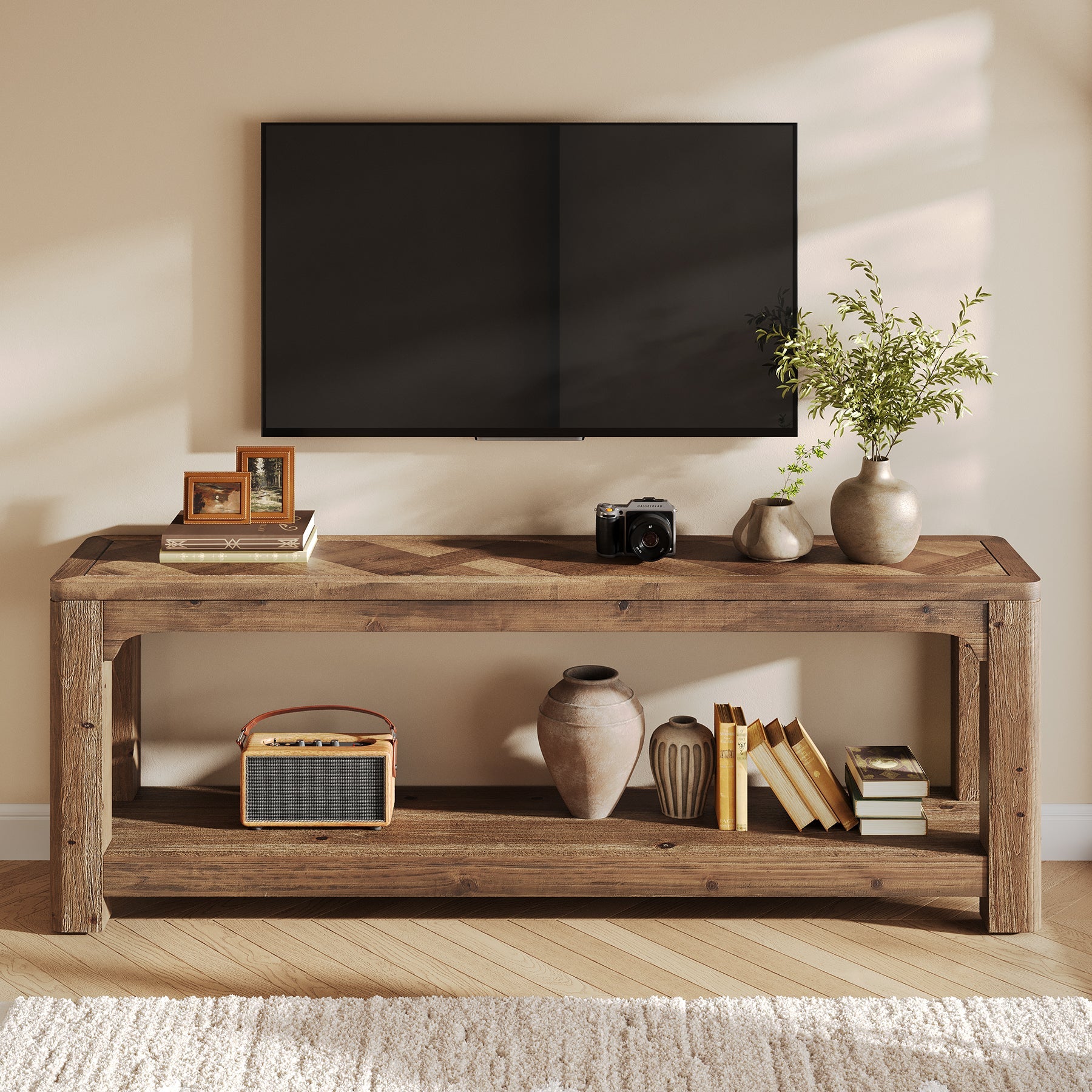 Solid Wood TV Stand for TVs Up to 65 Inches, Farmhouse Entertainment Center with Open Storage Shelves