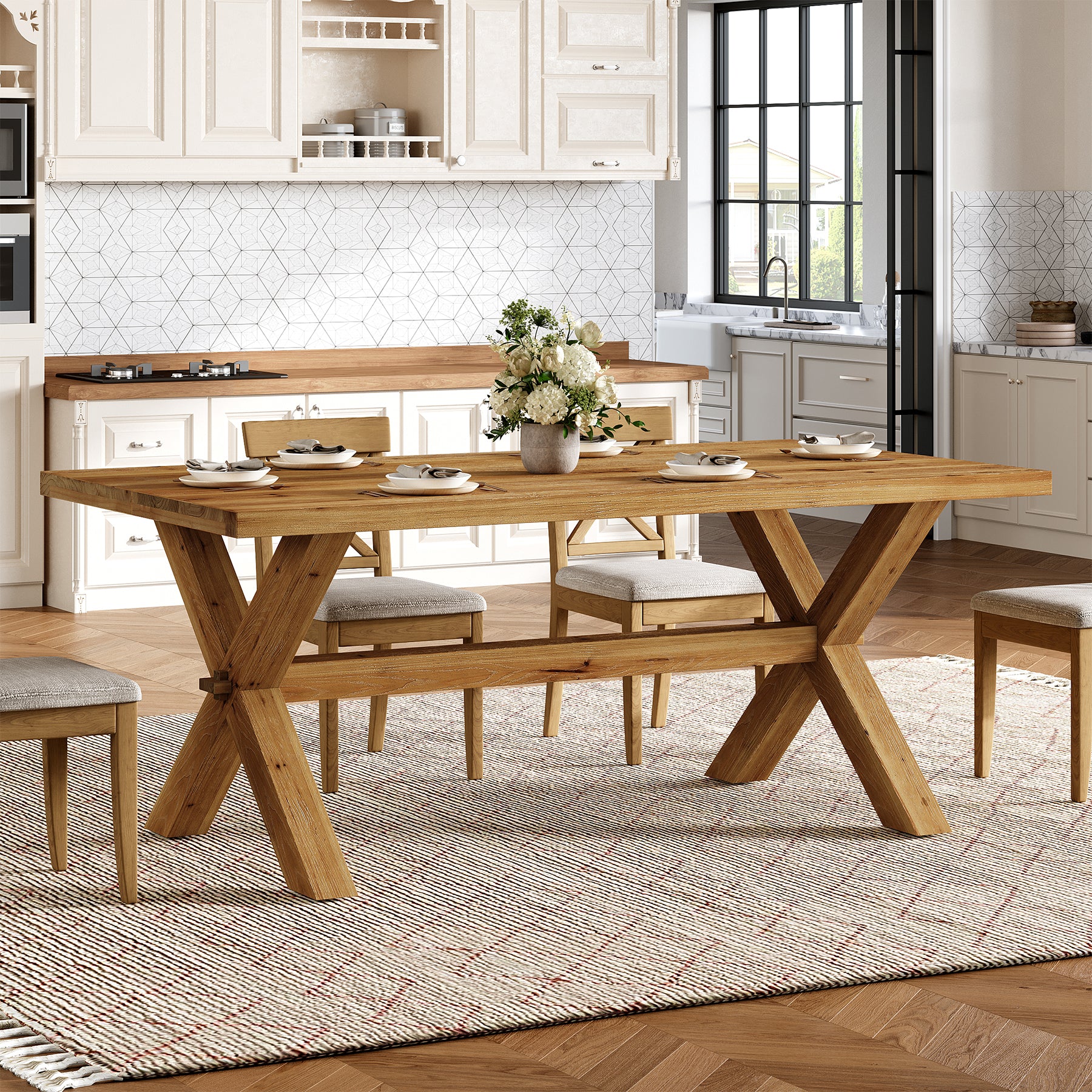 63" Rectangle Dining Table, Farmhouse Solid Wood Kitchen Table with Large Tabletop for 4-6