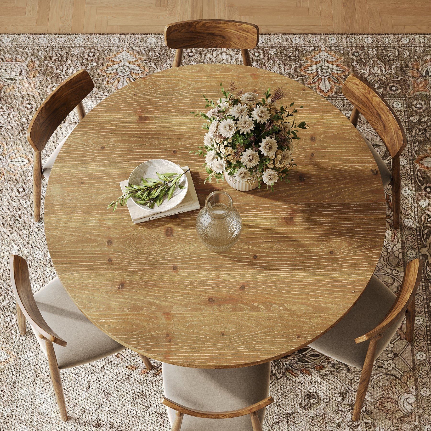 Solid Wood Round Dining Table, 47" Farmhouse Kitchen Table for 4-6