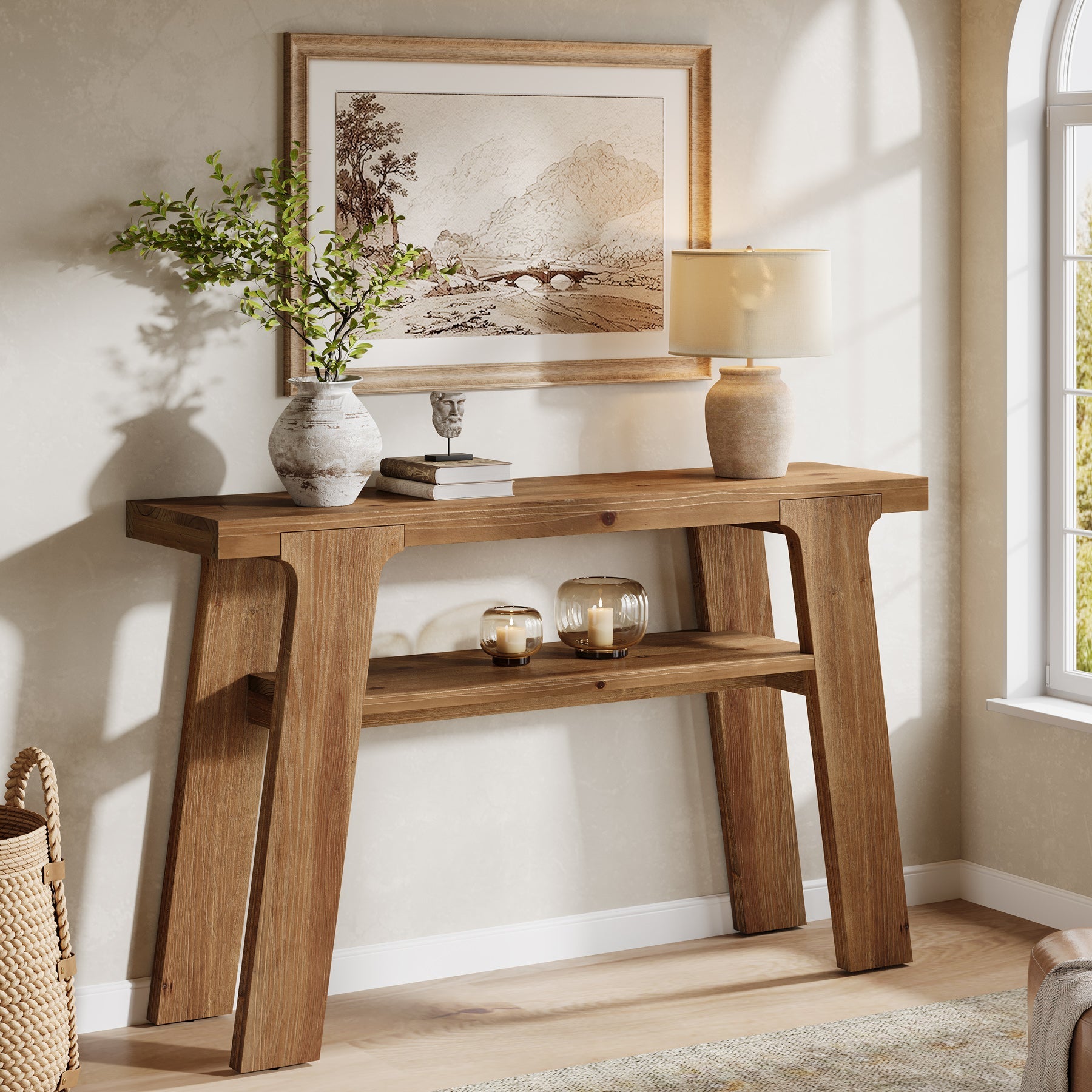 Solid Wood Console Table, 47" Farmhouse Small Sofa Table with 2-Tier Storage