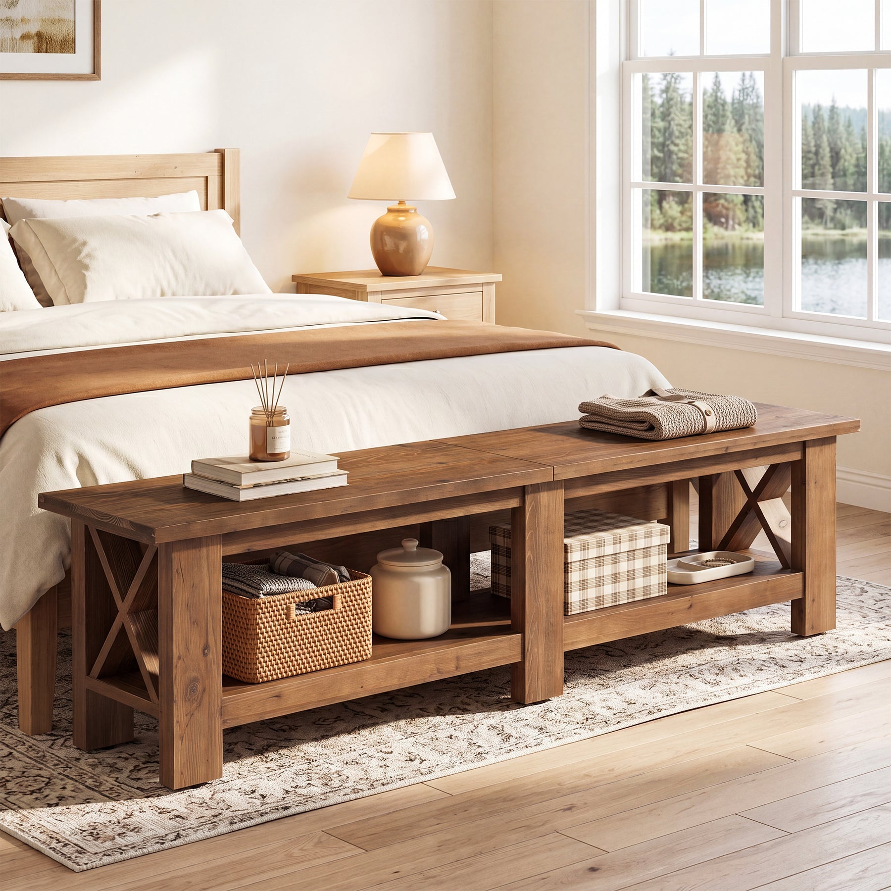 70.87" Solid Wood Entryway Shoe Bench, Farmhouse End of Bed Bench with Storage