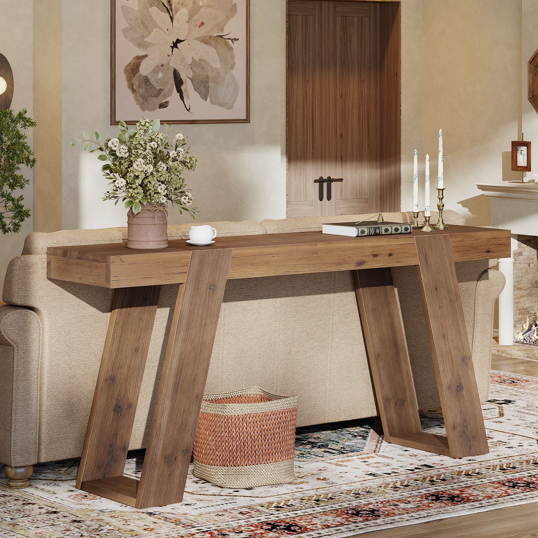 Solid Wood Console Table, 63" Narrow Sofa Table Behind Couch