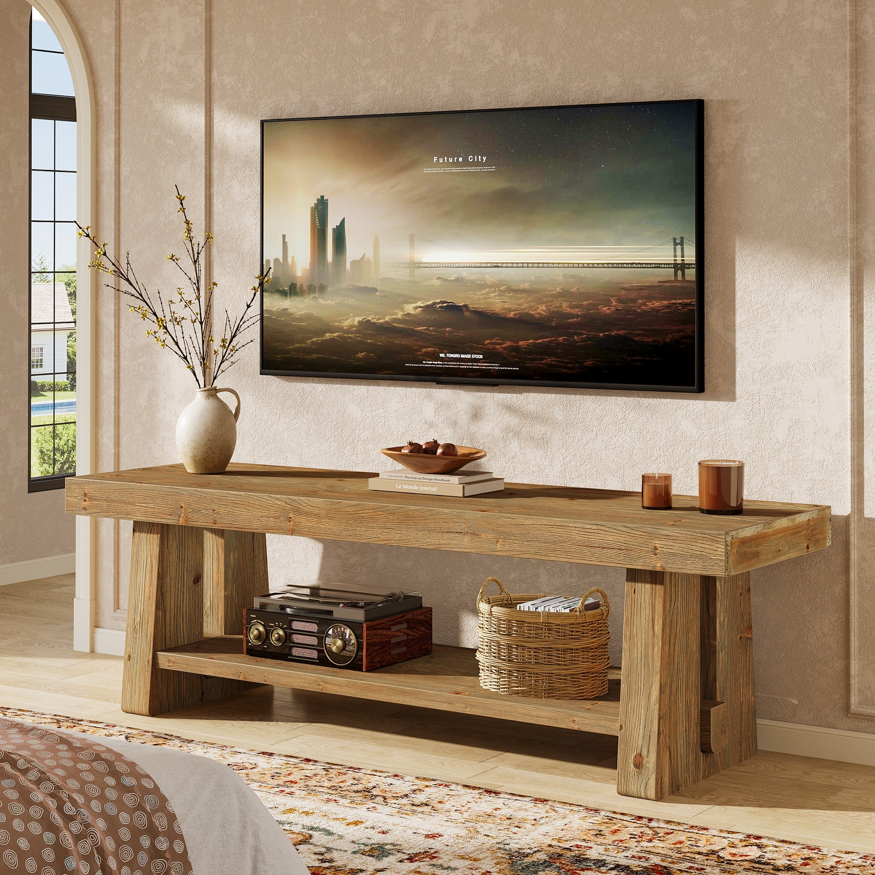 Solid Wood TV Stand for Up to 75 Inch TV, 2-Tier Farmhouse Media Console with Open Shelves