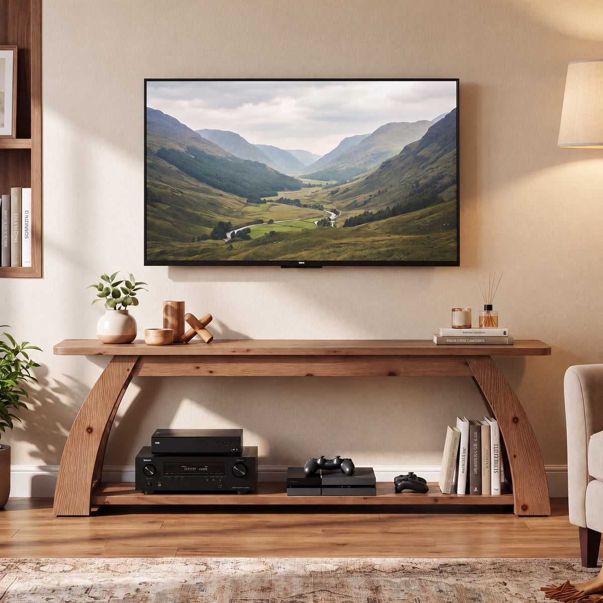63" Solid Wood TV Stand for up to 75" TVs, 2-Tier  Entertainment Center with Open Storage