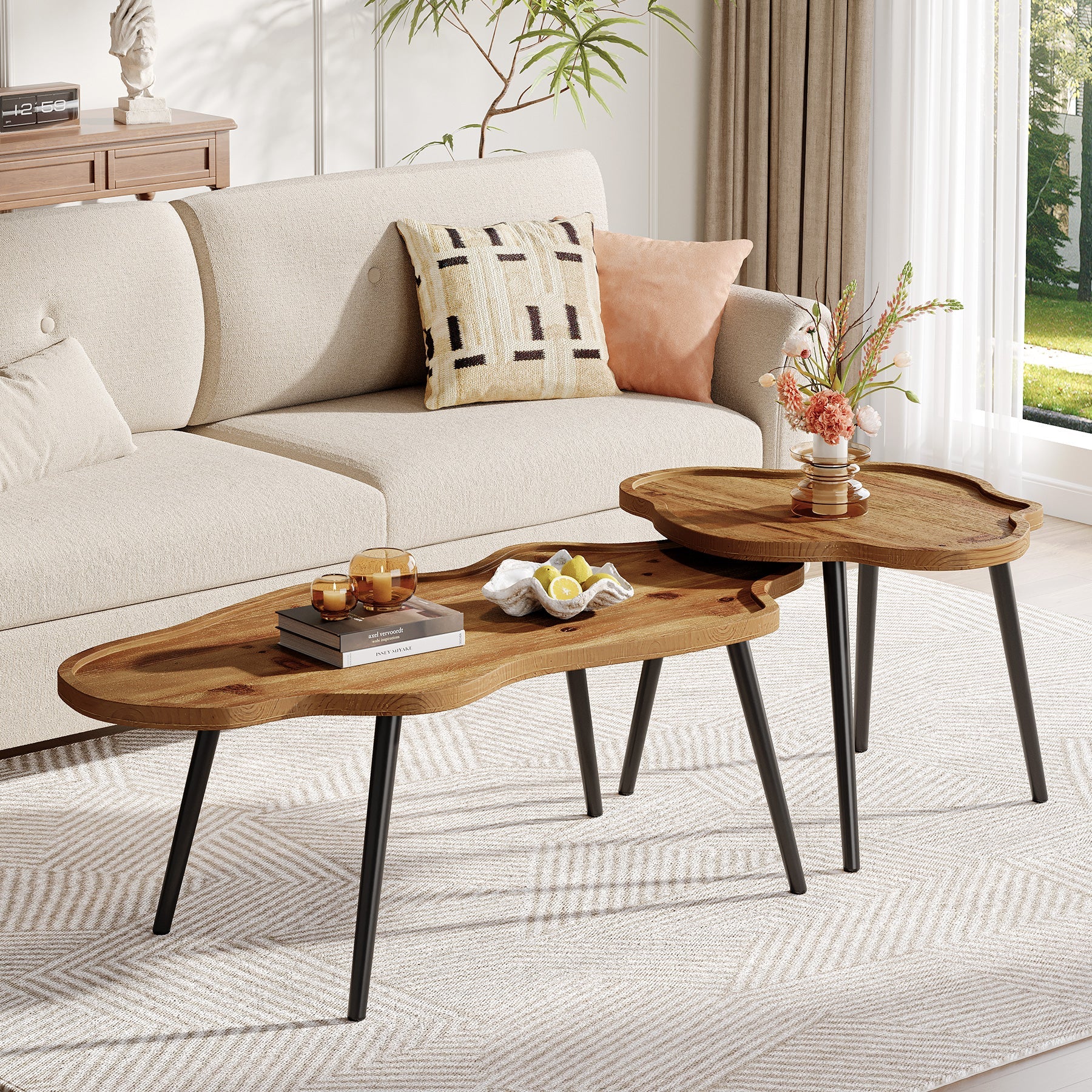 Tribesigns Nesting Coffee Table Set of 2, Solid Wood with Cloud Tabletop