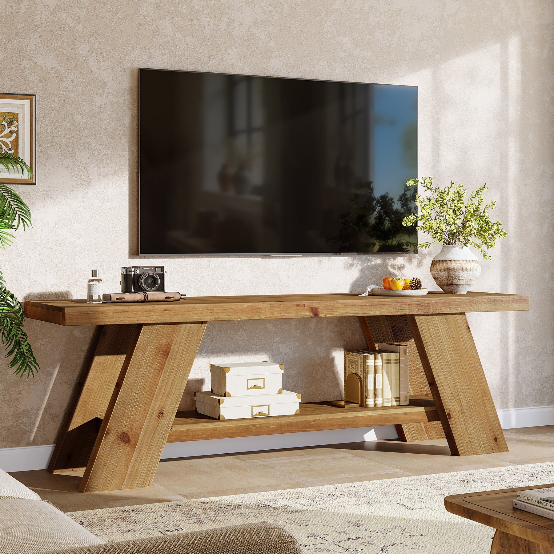 Solid Wood TV Stand with 2-Tier Shelf, 63" TV Media Console for TVs up to 75"