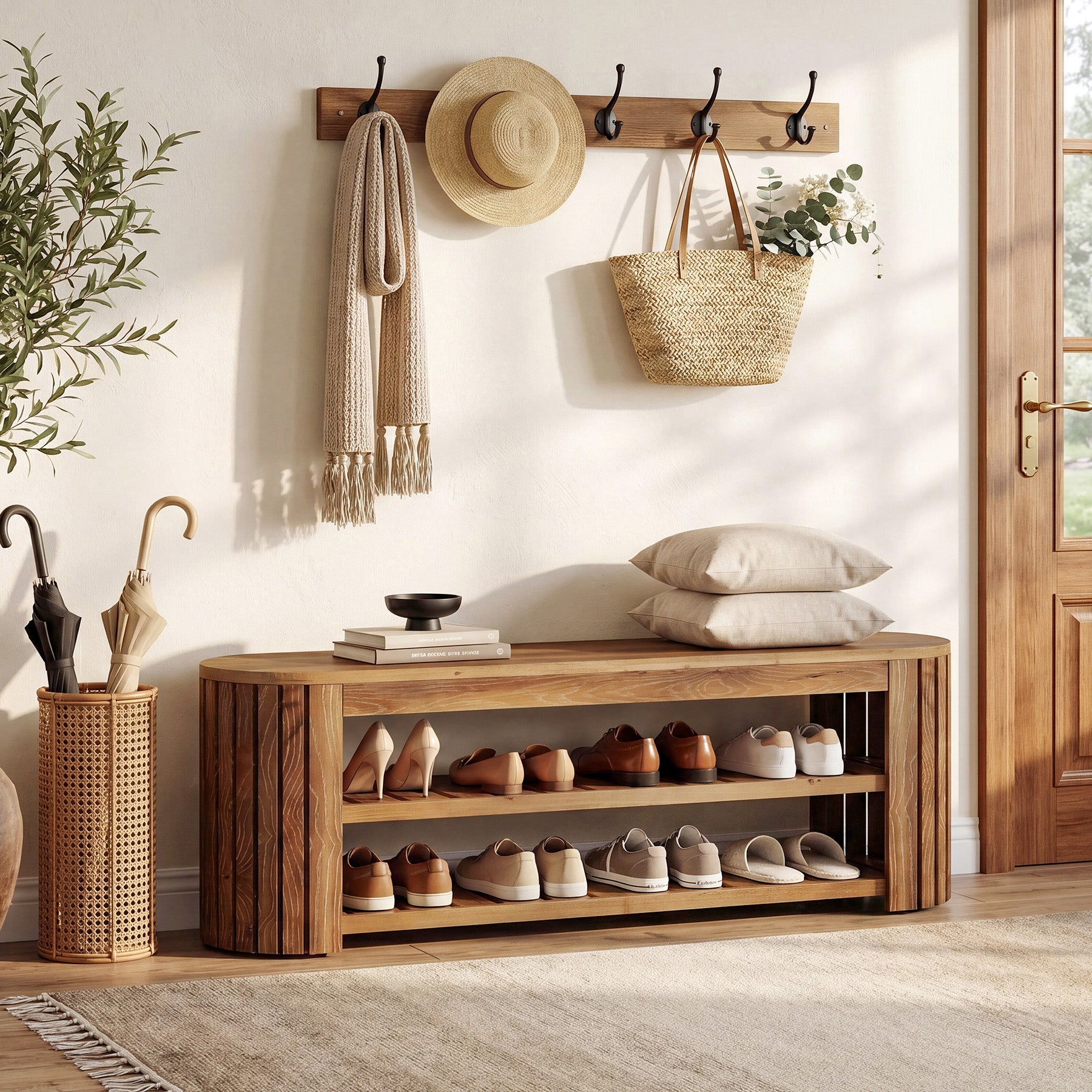 63" Solid Wood Entryway Bench, 3-Tier Window Seating with Shoe Storage