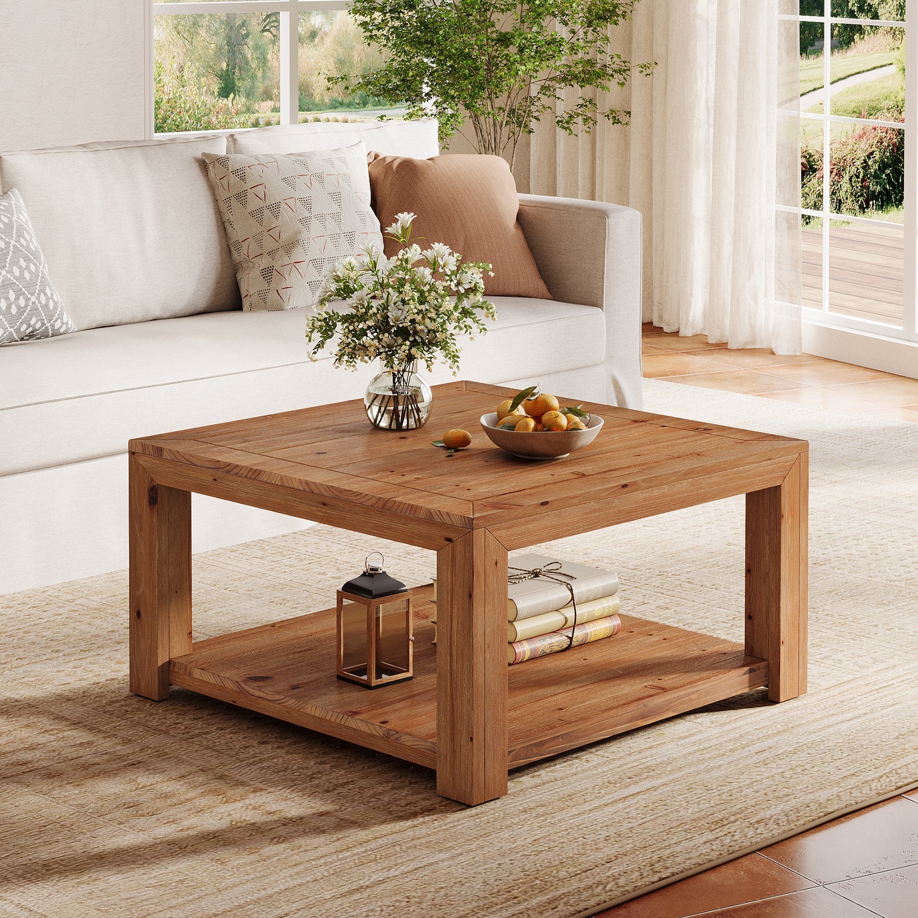 31.5" Solid Wood Coffee Table, Square Center Table with 2-Tier Open Shelf