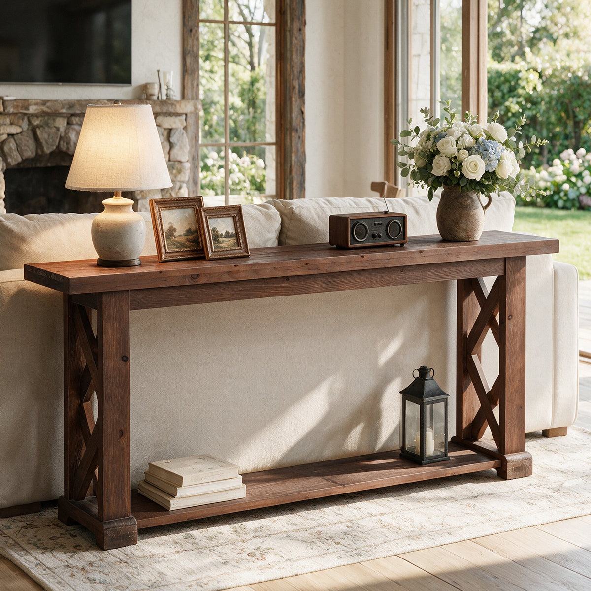 63" Console Table, Farmhouse Solid Wood, 2-Tier X-Shaped Frame, Narrow Sofa Table