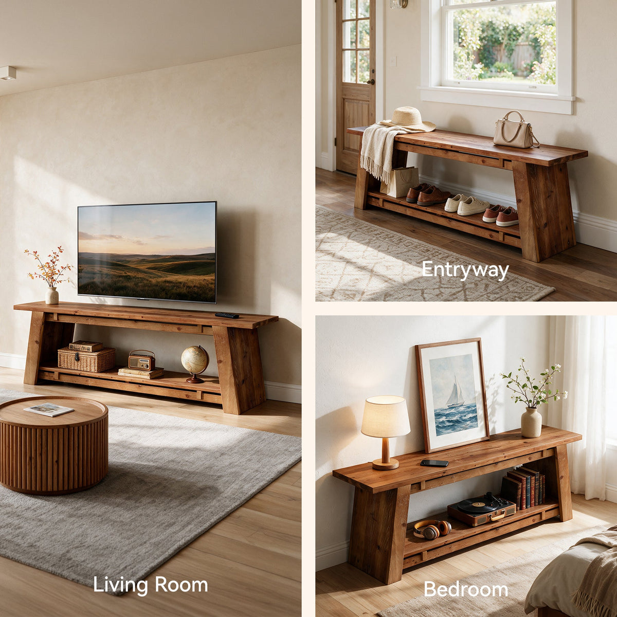 Tribesigns 63" Solid Wood TV Stand with 2-Tier Storage, Farmhouse Media Console for 70" TVs