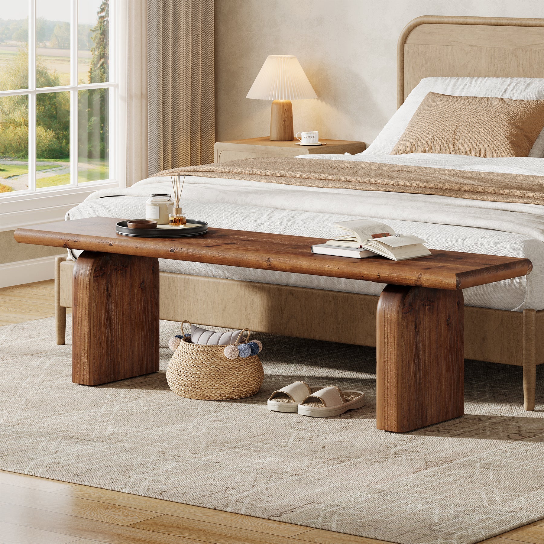 62.99" Solid Wood Entryway Bench, Farmhouse Indoor End of Bed Bench