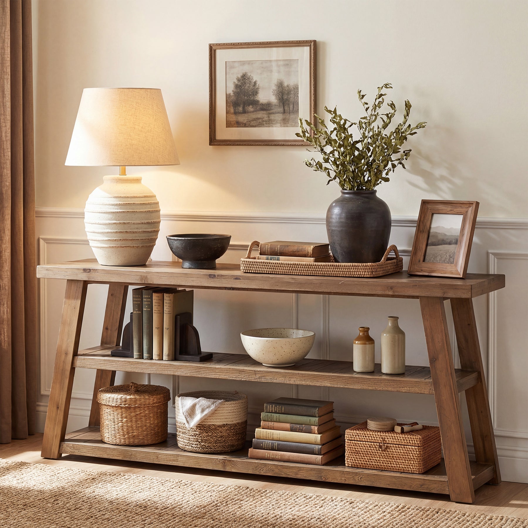 63" Solid Wood Console Table, 3-Tier Farmhouse Entryway Table with Storage Shelves