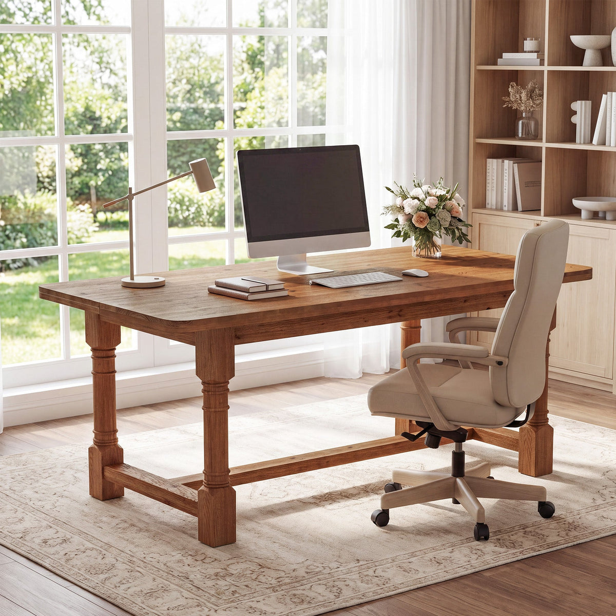 Solid Wood Executive Desk, 63" Rectangular Computer Desk with Trestle Base for Home Office