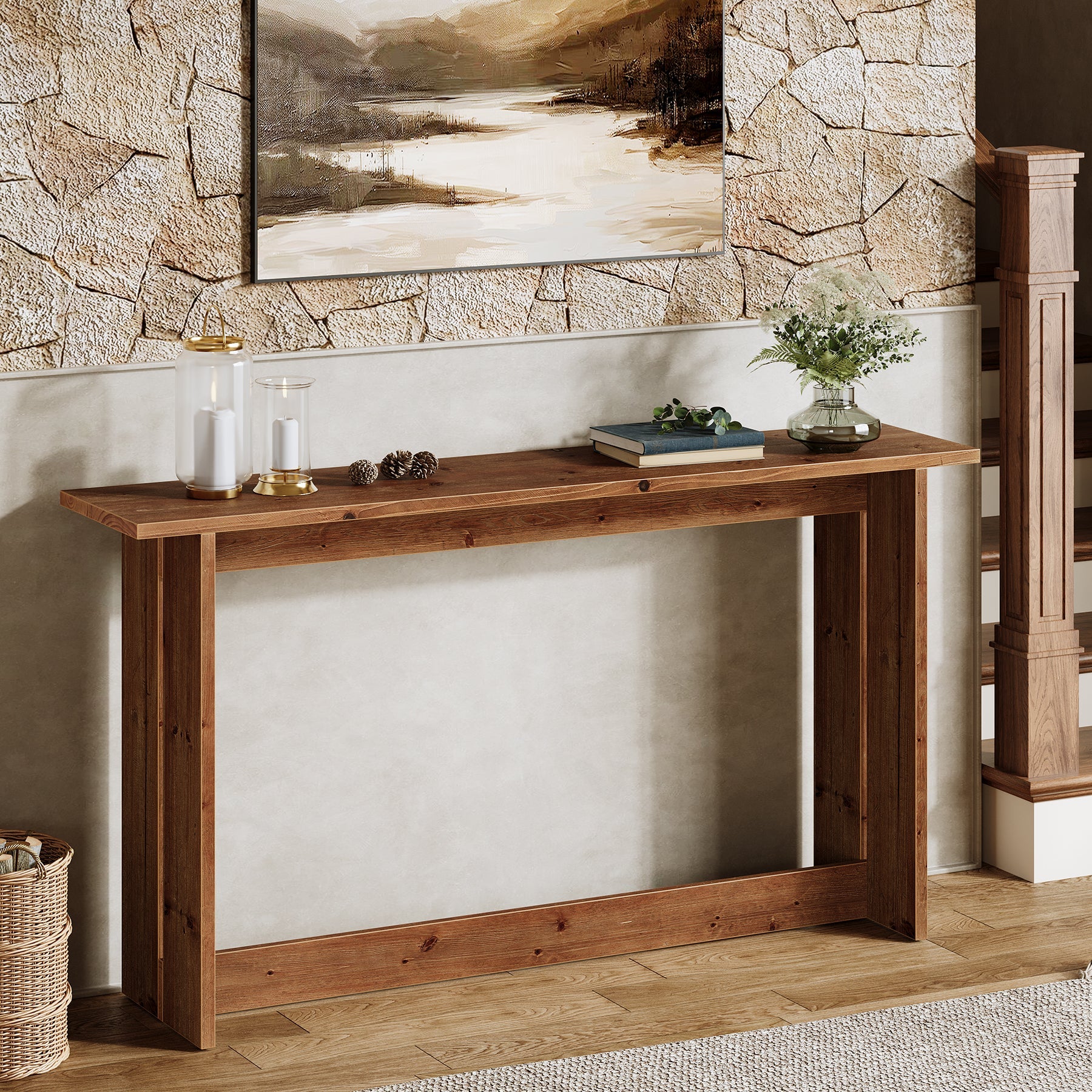 63“ Solid Wood Farmhouse Console Table with Bottom Shelf, Entryway Sofa Table for Hallway or Behind Couch