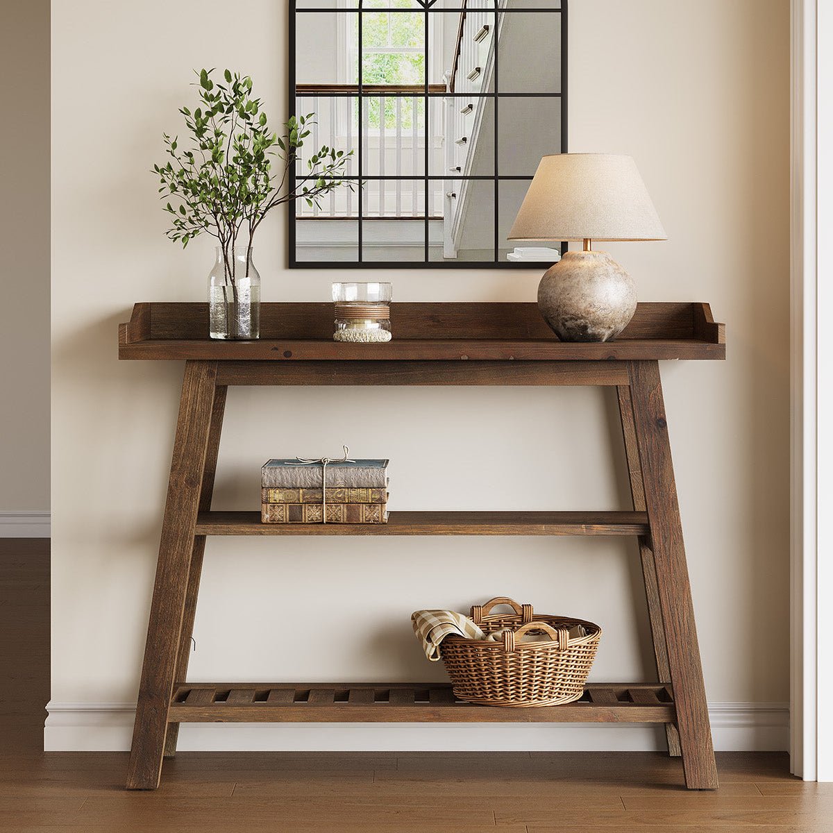 45" Solid Wood Console Table with Storage Shelves, Narrow Entryway & Sofa Table, 3-Tier Farmhouse Hallway Table for Small Spaces