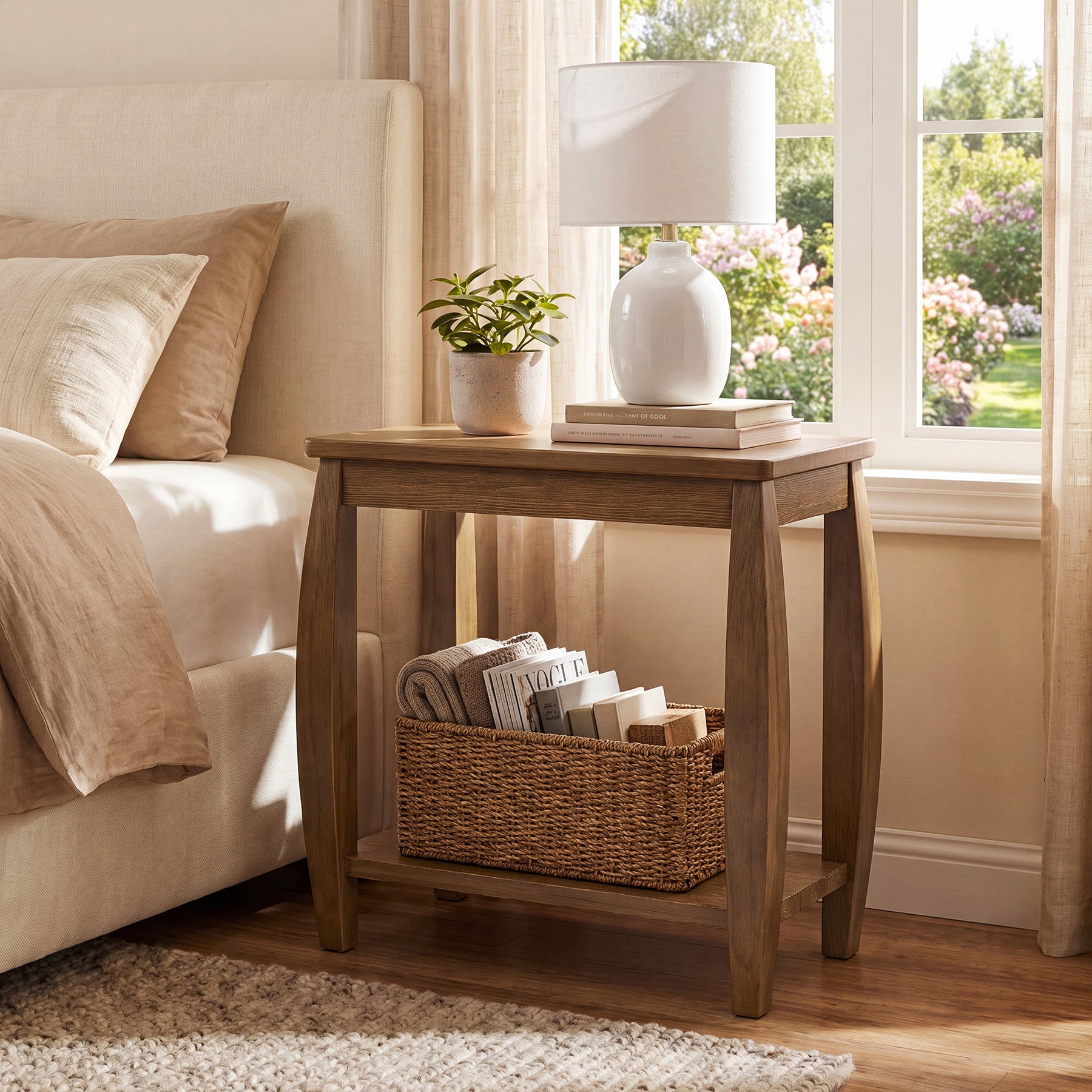 23.62" Solid Wood End Table, 2-Tier Narrow Side Table for Living Room, Small Places