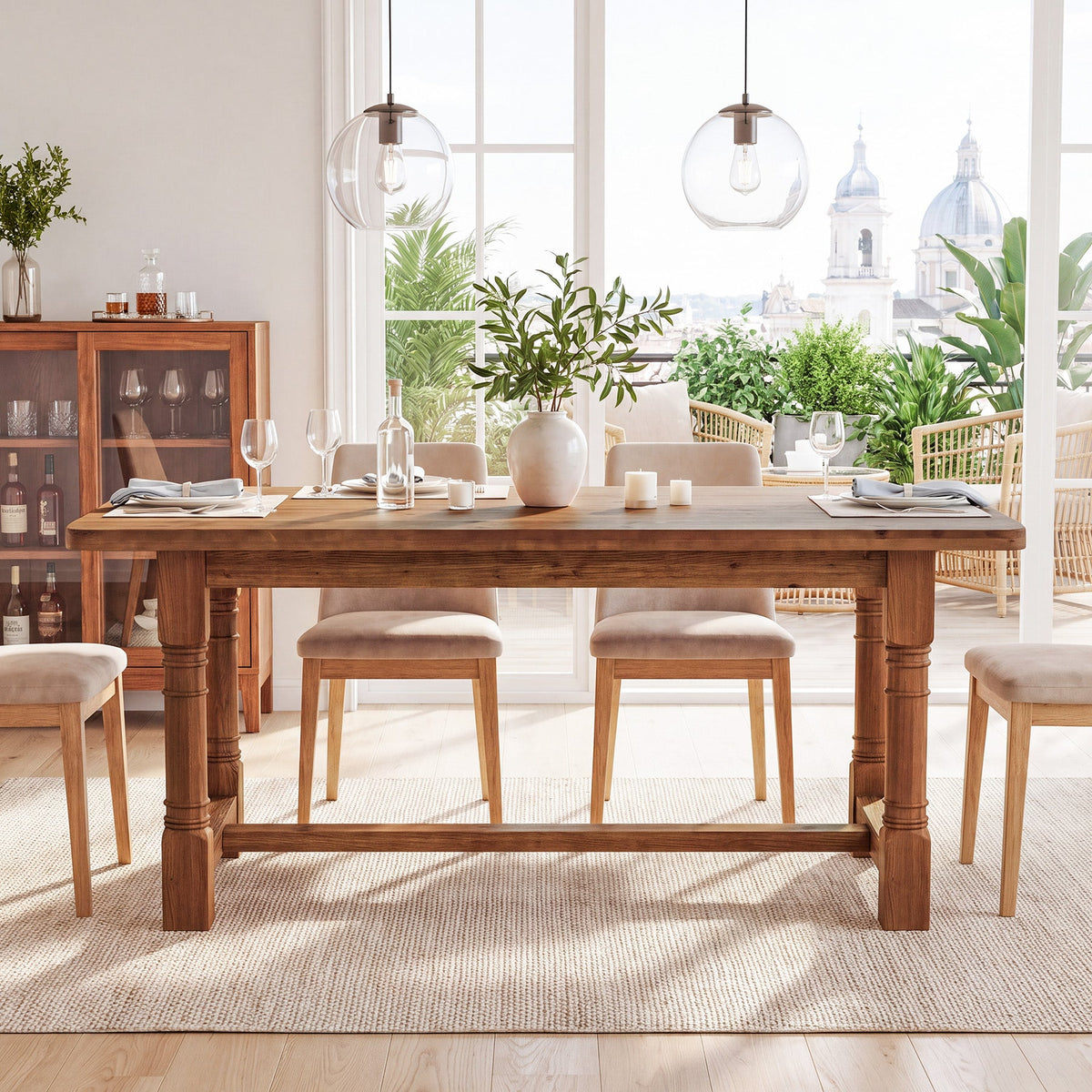63" Solid Wood Dining Table, Farmhouse Kitchen Table with Trestle Base for 4-6