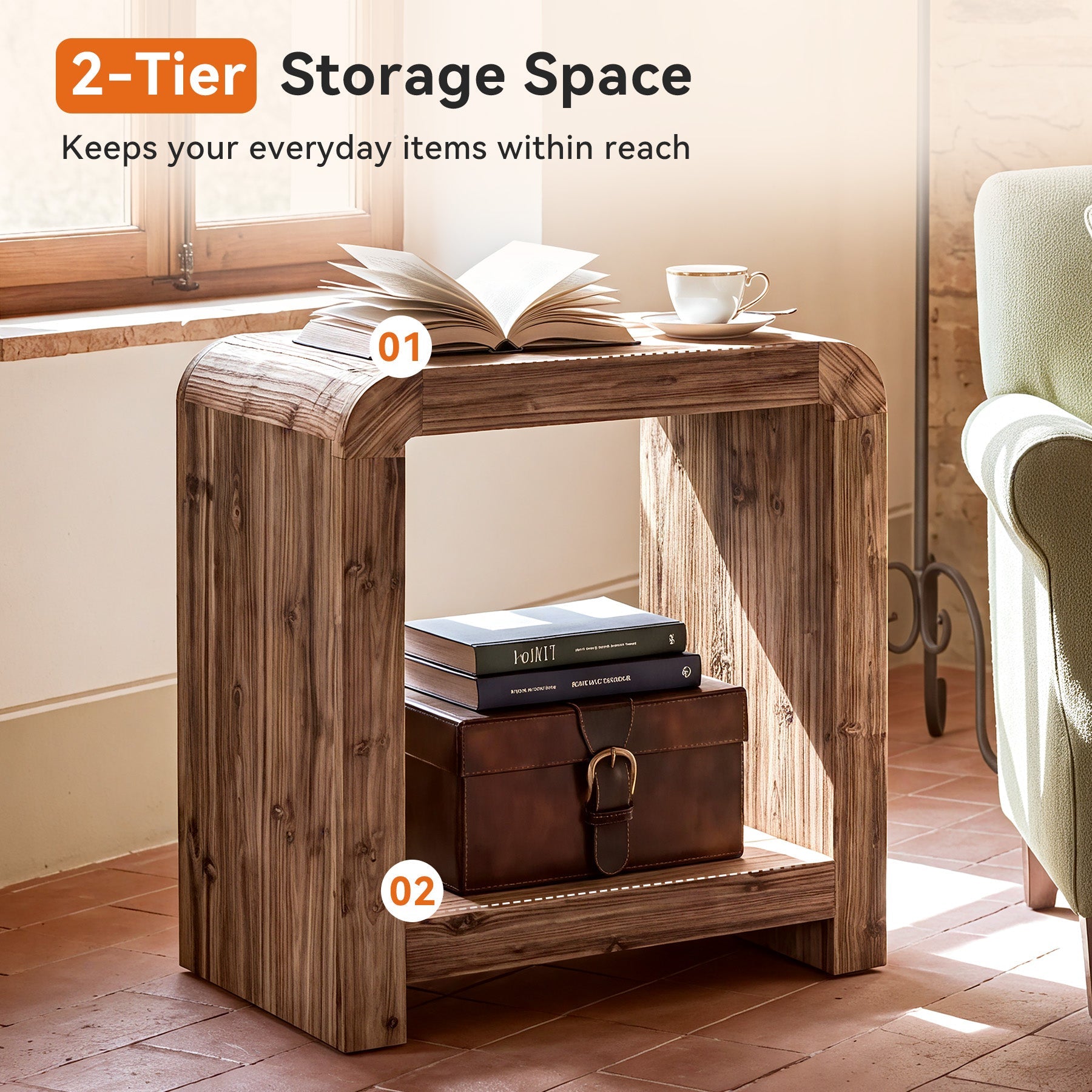 23.62" Solid Wood End Table, 2-Tier Narrow Side Table with Storage for Living Room