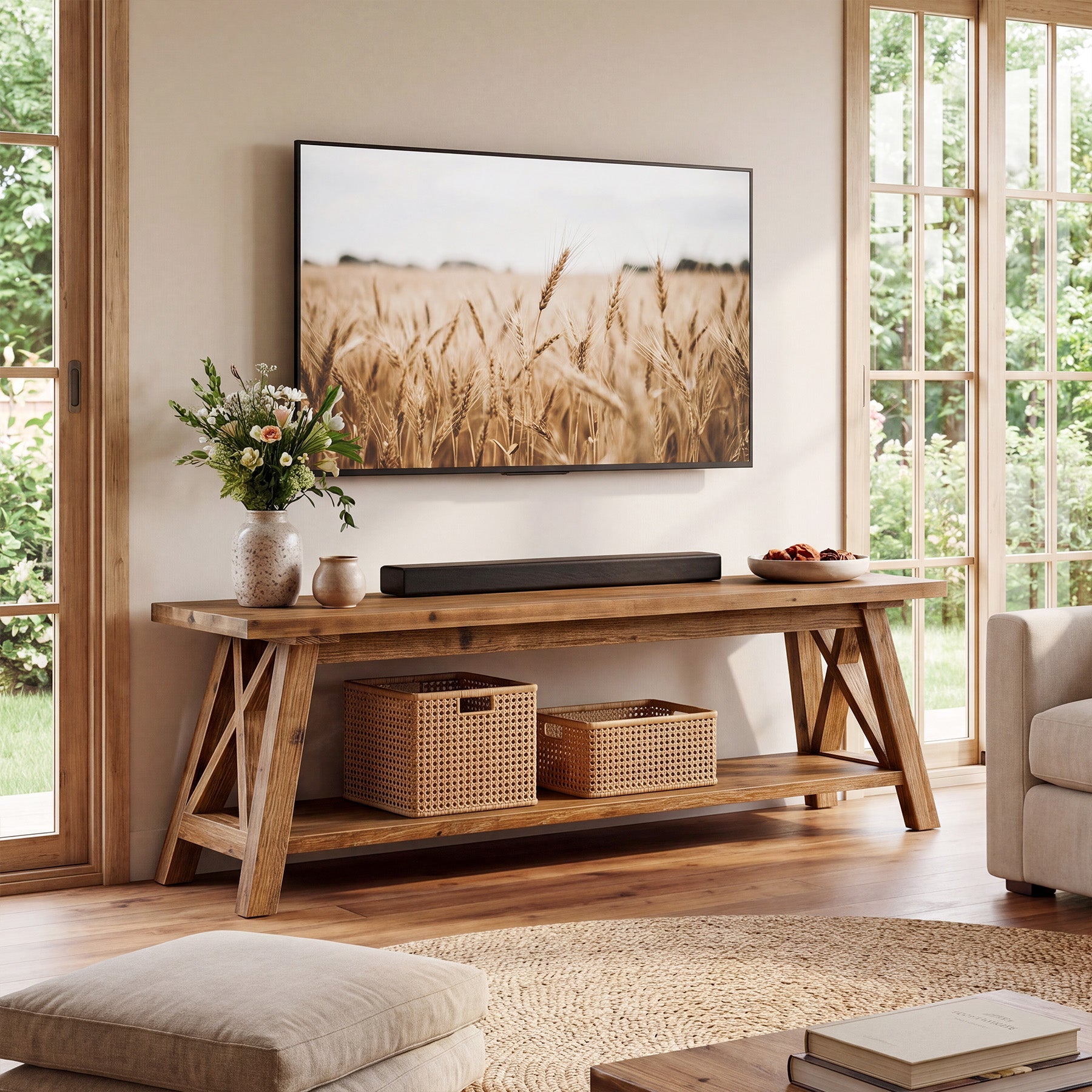 55" Solid Wood TV Stand, Farmhouse Entertainment Center for 55/60/65-Inch TVs