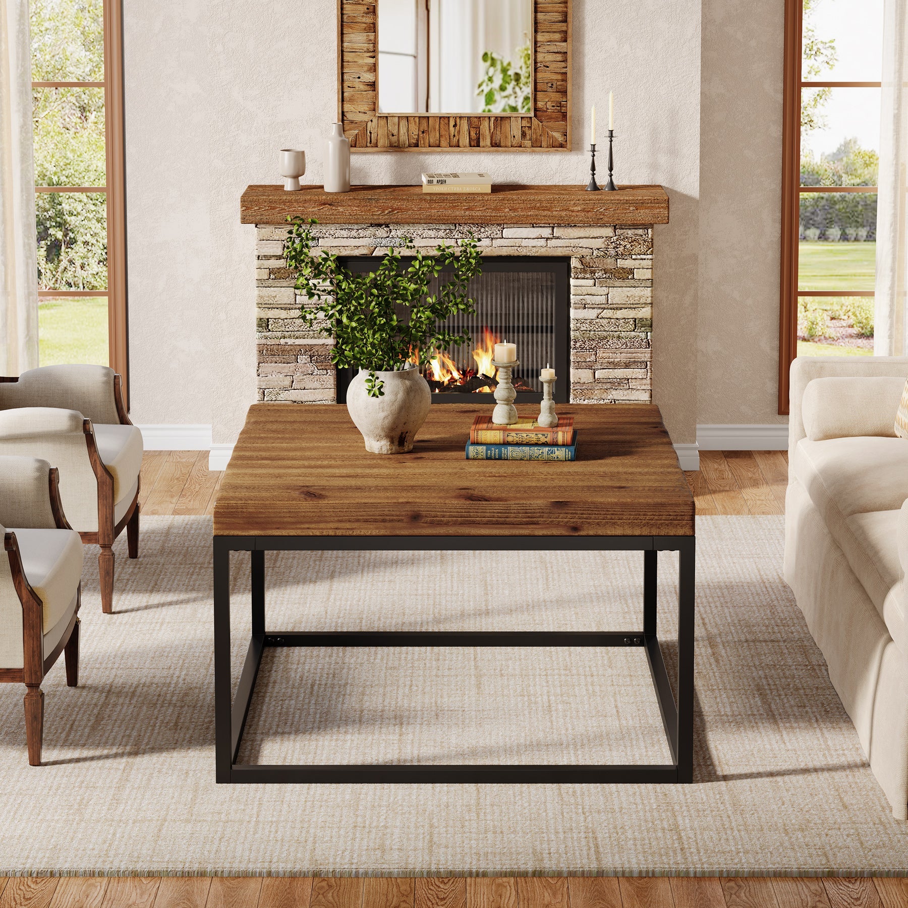 Square Solid Wood Coffee Table, 31.5" Farmhouse Center Table with Metal Frame